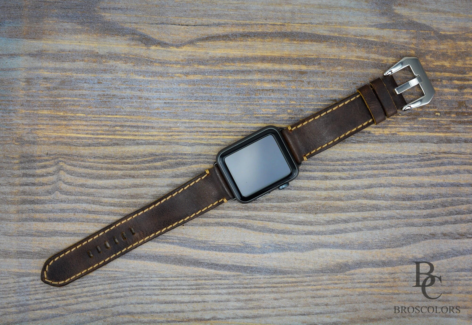 Apple Brown Leather Watch Strap Yellow Stitching - Cowboy Apple