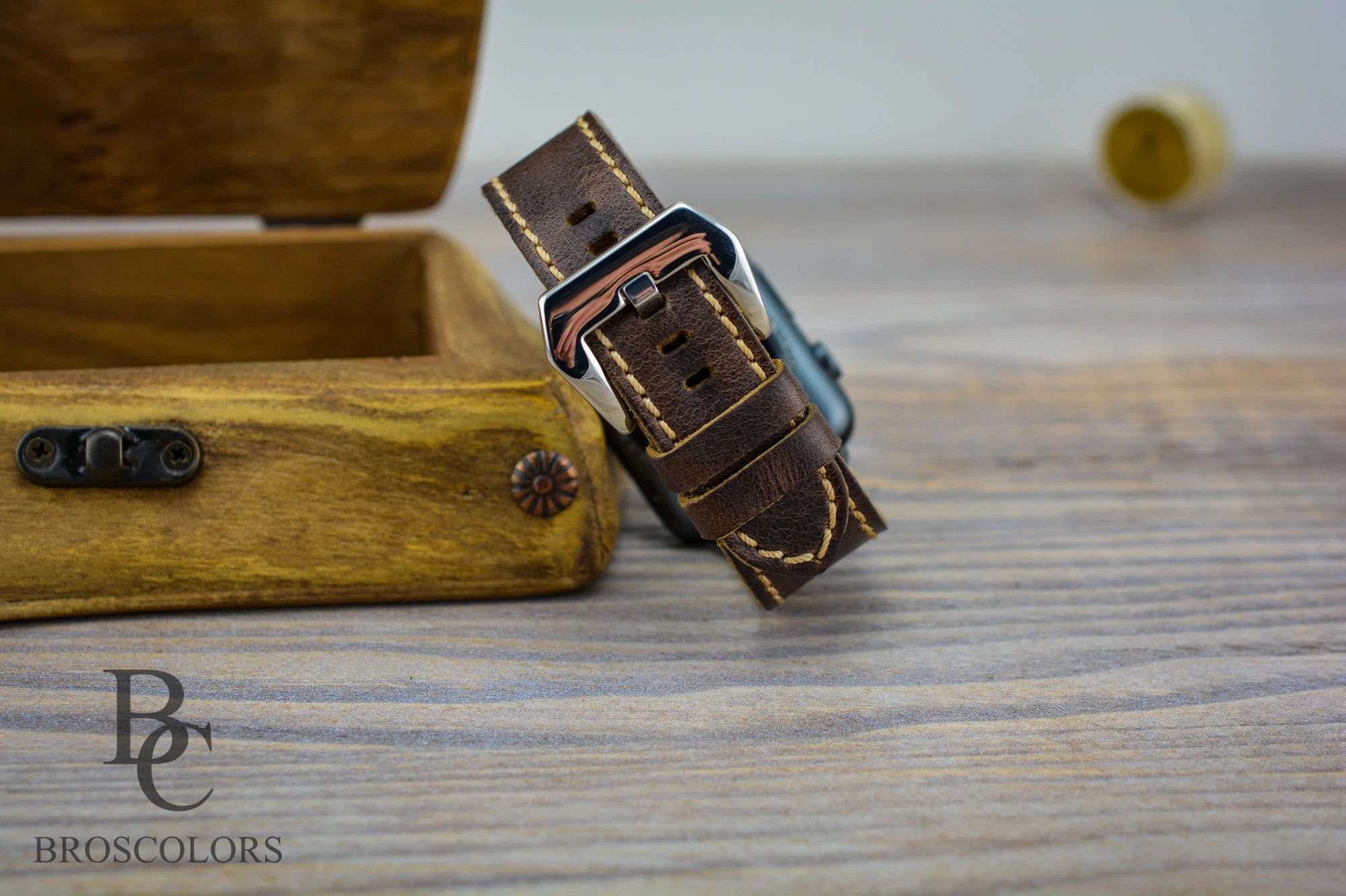 Apple Brown Leather Watch Strap Yellow Stitching - Cowboy Apple