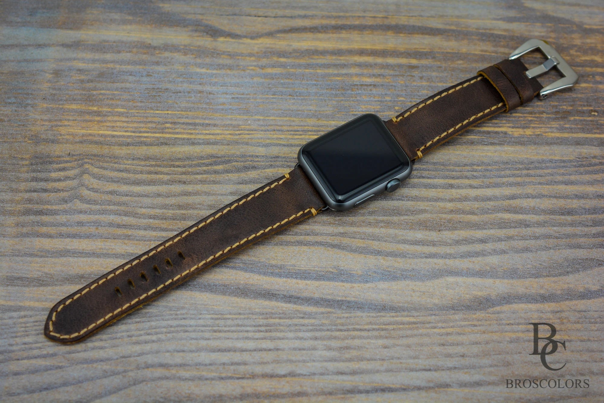 Apple Brown Leather Watch Strap Yellow Stitching - Cowboy Apple