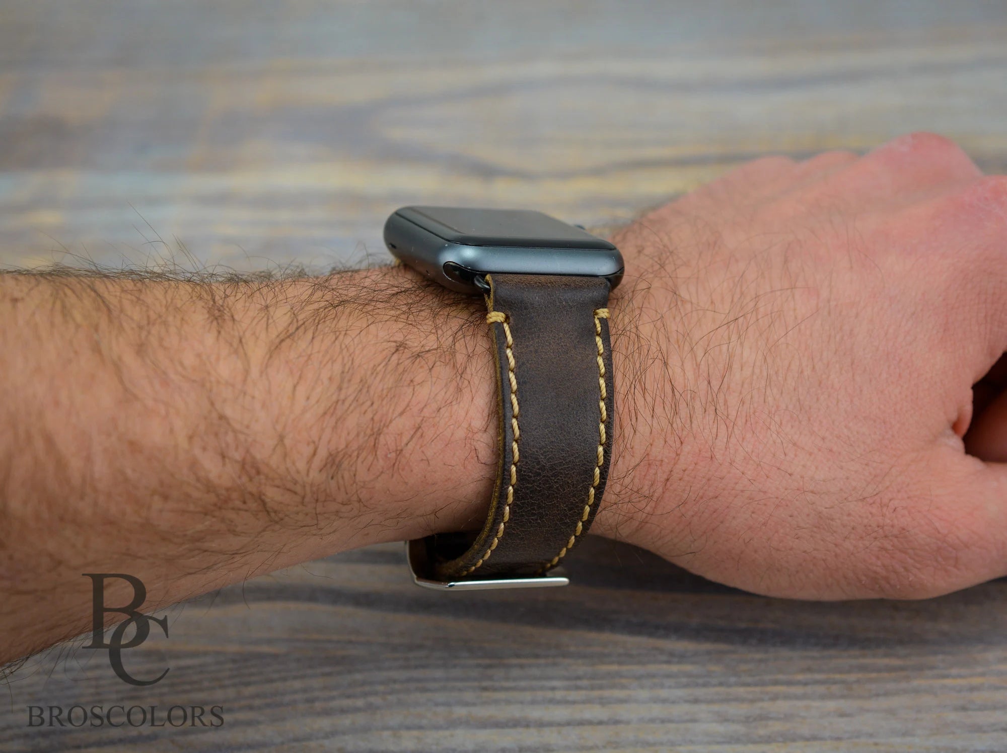 Apple Brown Leather Watch Strap Yellow Stitching - Cowboy Apple