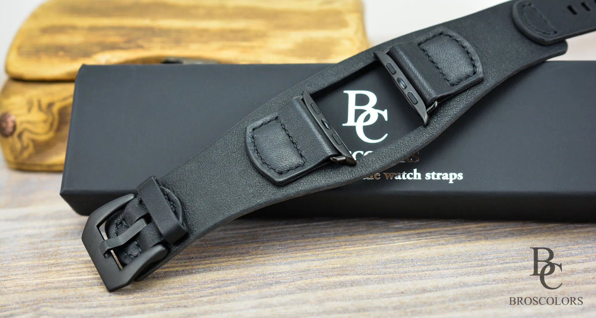 Apple Watch Cuff Strap - Black Leather Cuff Band - Dark Knight