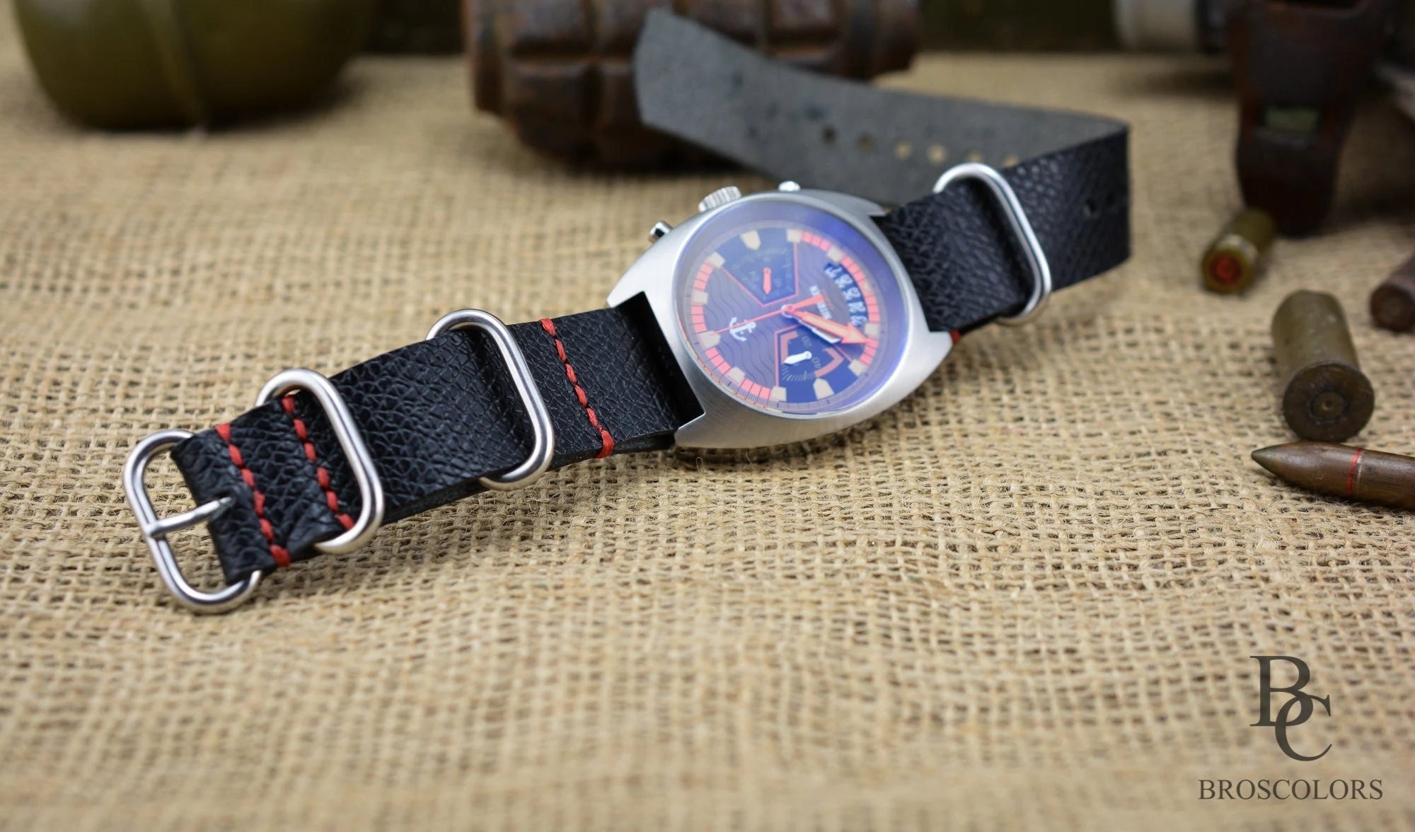 Black Leather Army Watch Strap with Red Stitching