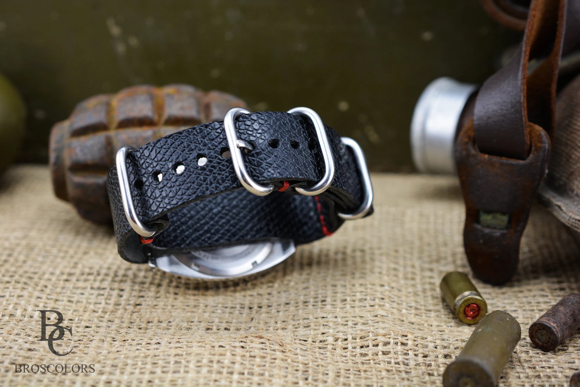 Black Leather Army Watch Strap with Red Stitching