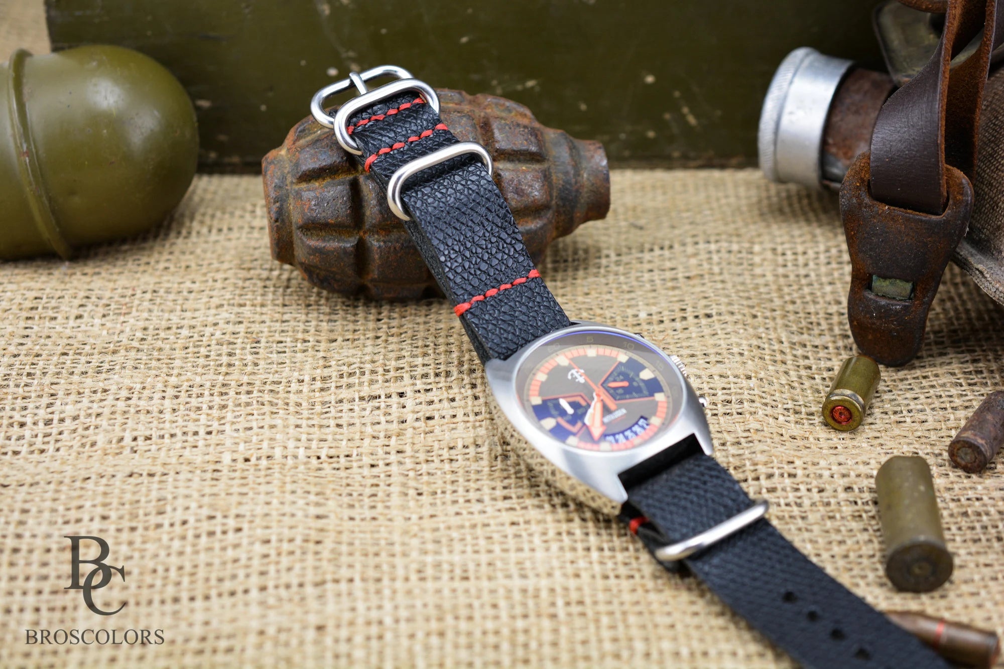 Black Leather Army Watch Strap with Red Stitching