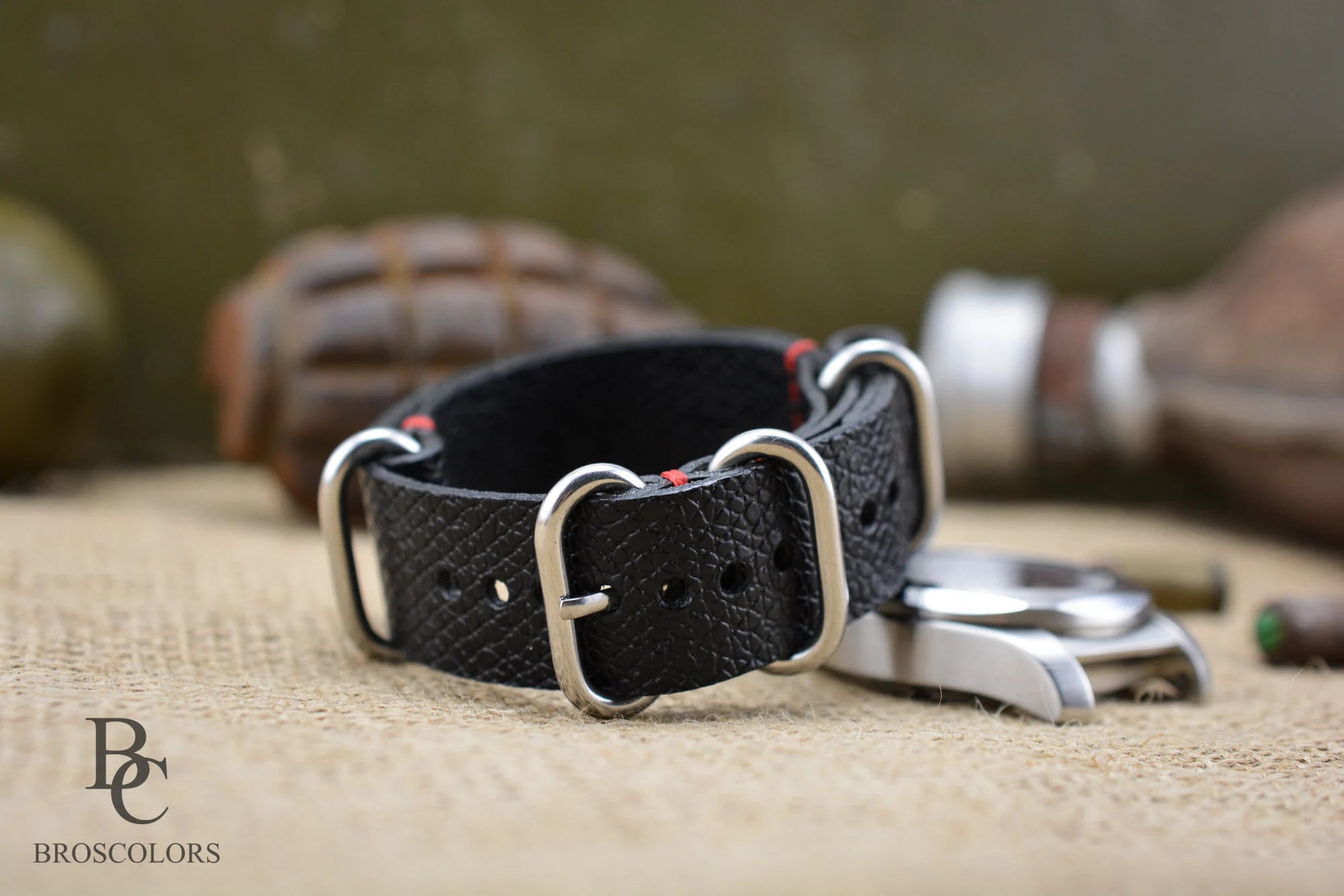 Black Leather Army Watch Strap with Red Stitching