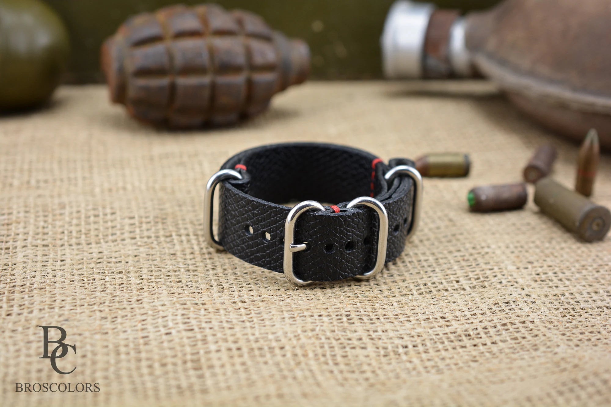 Black Leather Army Watch Strap with Red Stitching
