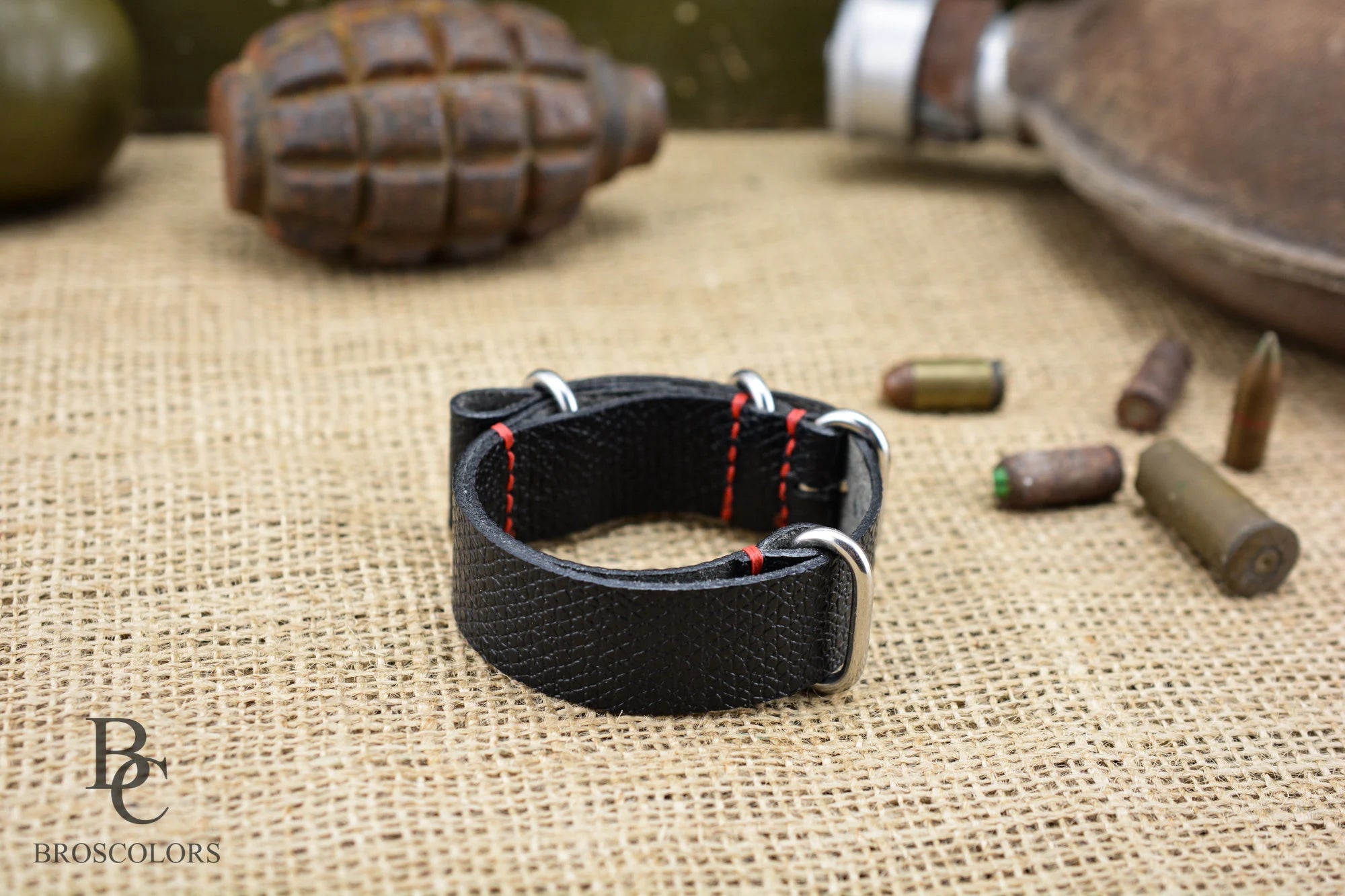 Black Leather Army Watch Strap with Red Stitching