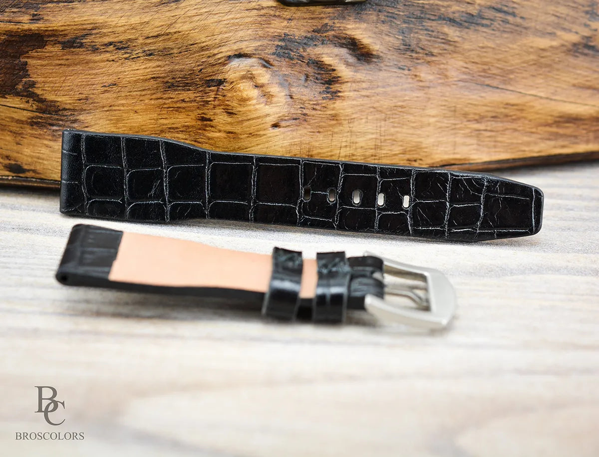 Black Leather Crocodile Embossed Pilot Strap - Elegant Pilot