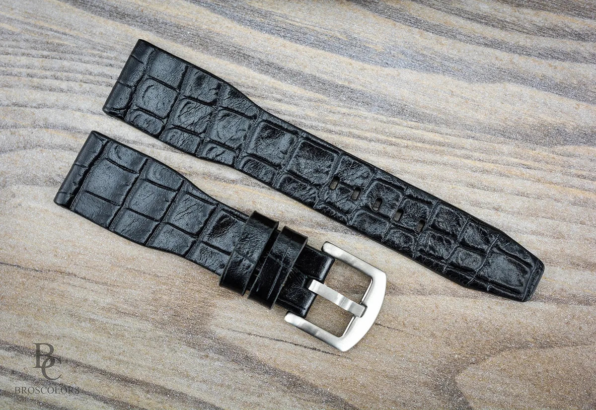 Black Leather Crocodile Embossed Pilot Strap - Elegant Pilot