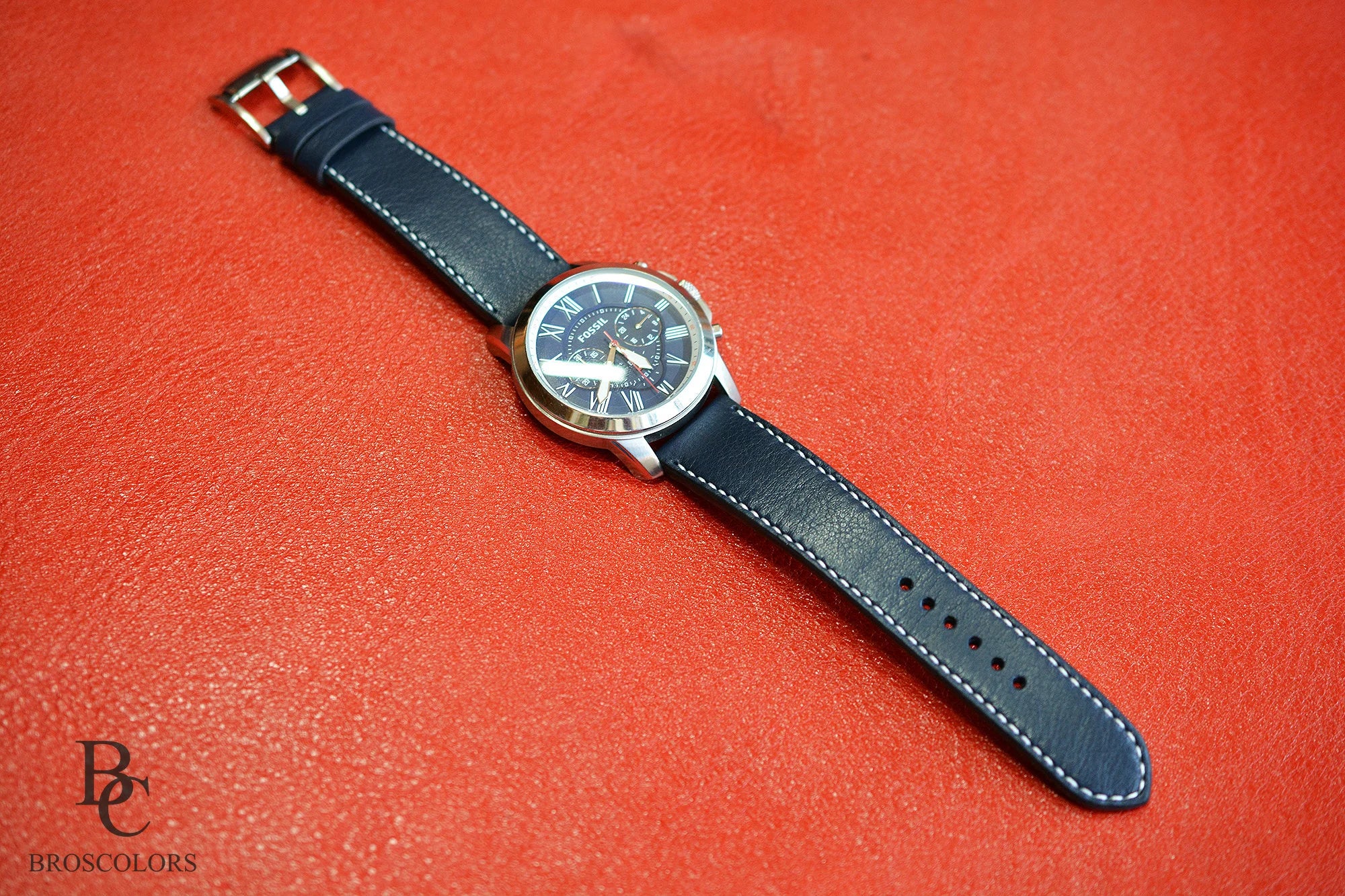 Blue Leather Watch Strap with White Stitching - Blue Suit White Stitch
