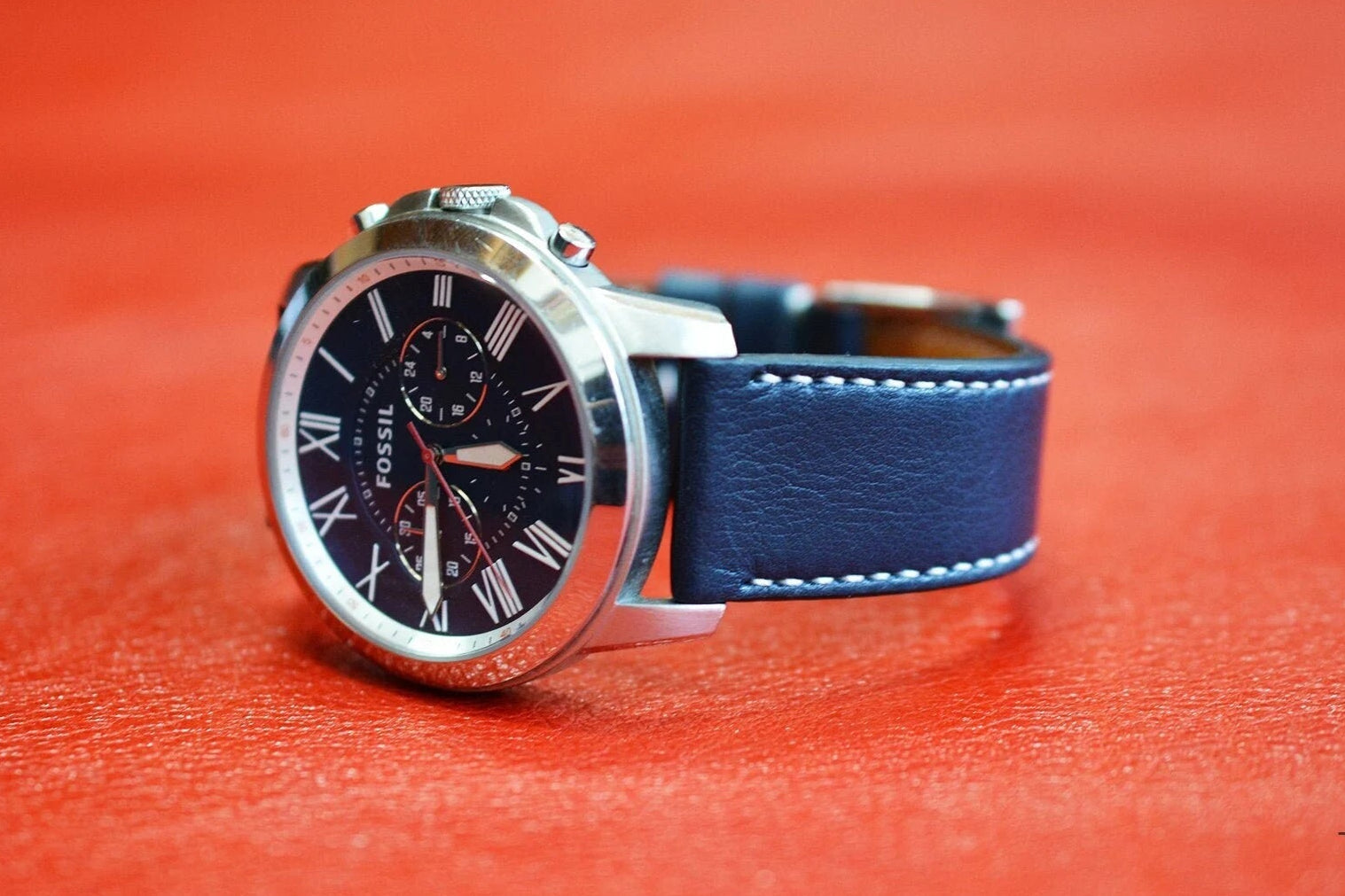 Blue Leather Watch Strap with Custom Stitching