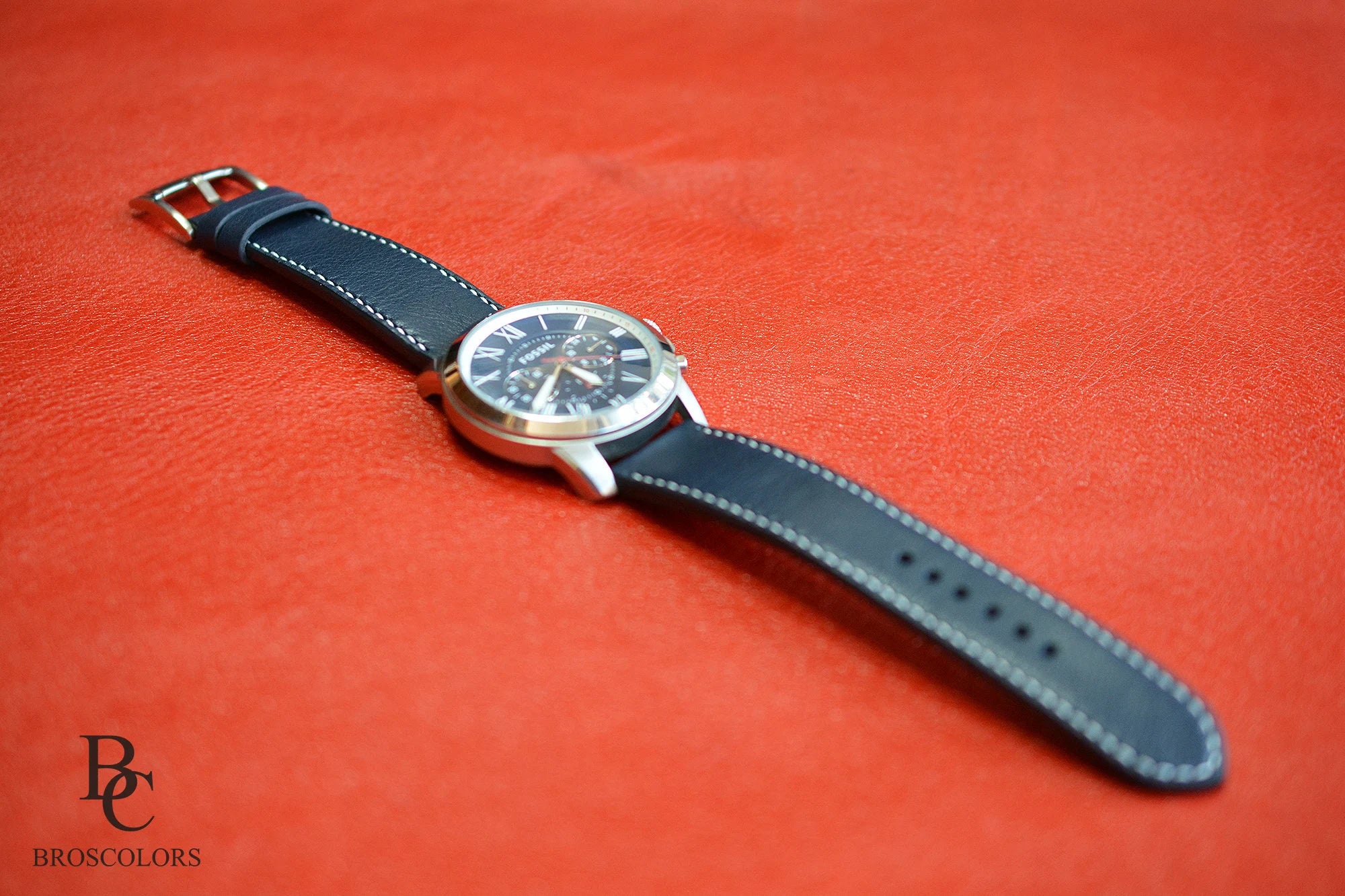 Blue Leather Watch Strap with White Stitching - Blue Suit White Stitch