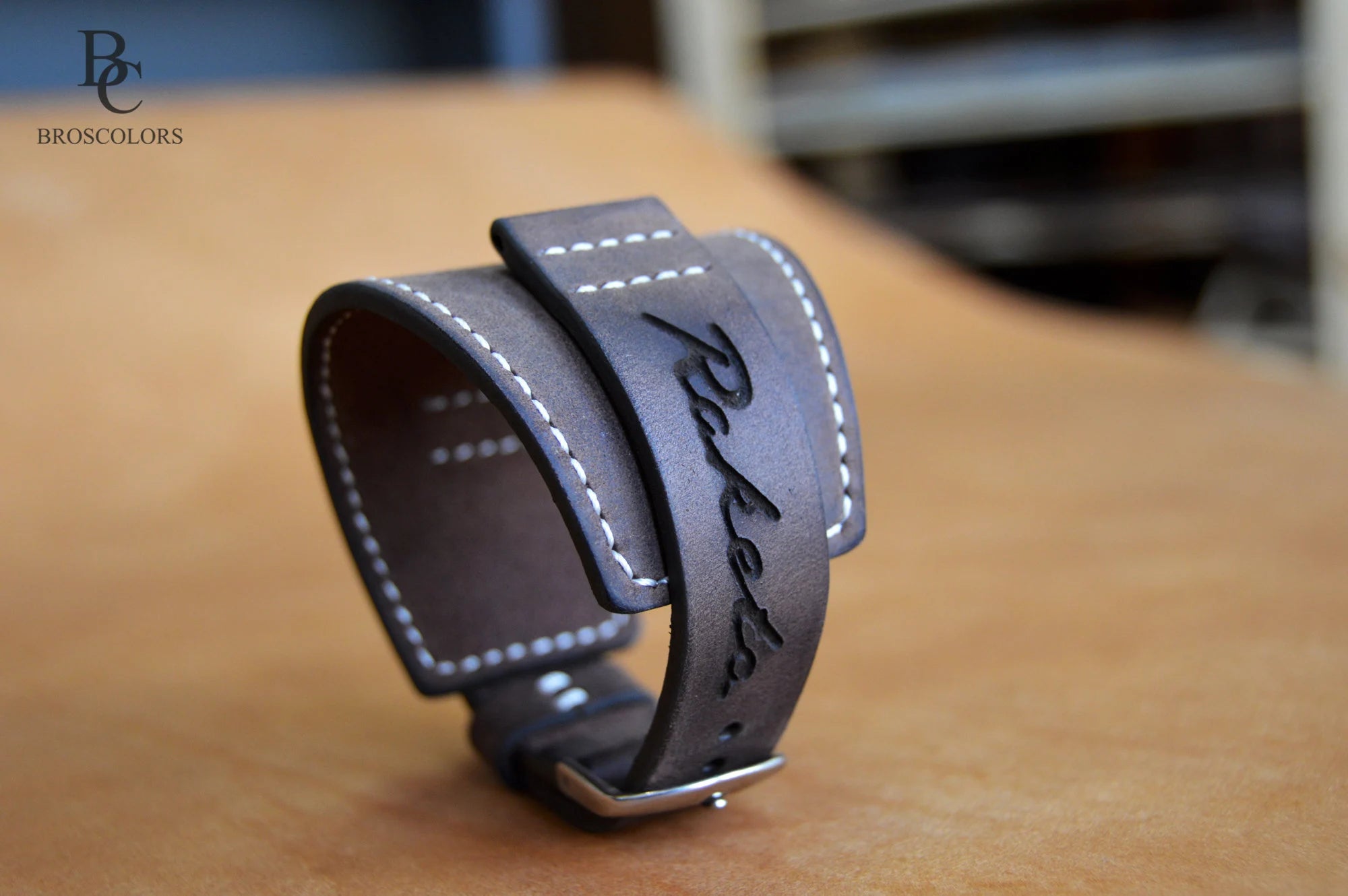 Brown Crazy Horse Leather Cuff Watch Band White Stitching - Raketa Watch
