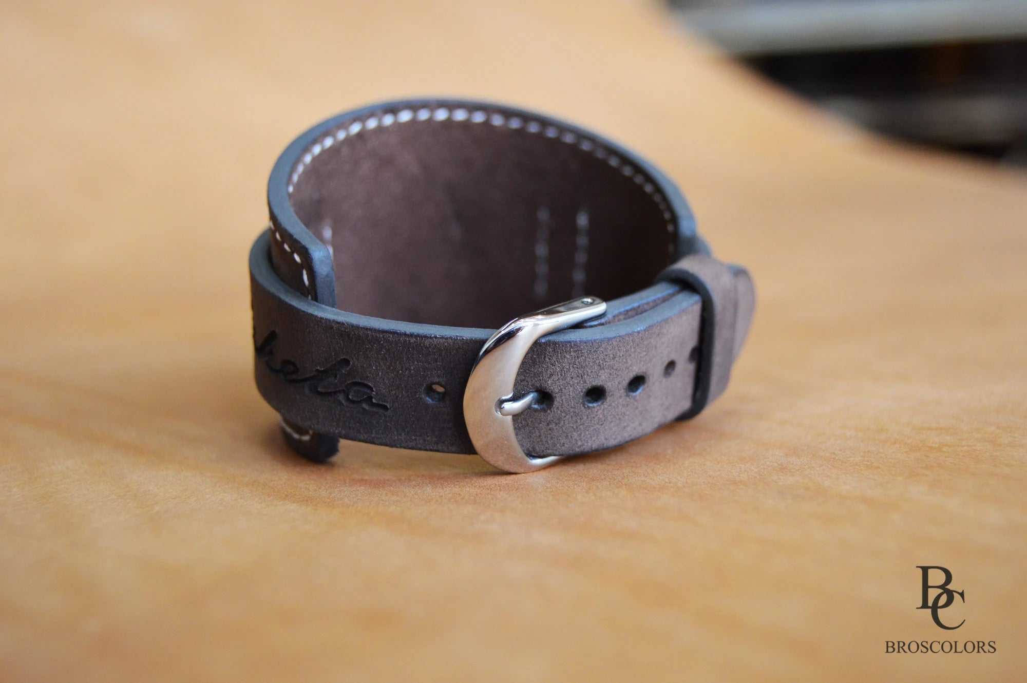 Brown Crazy Horse Leather Cuff Watch Band White Stitching - Raketa Watch