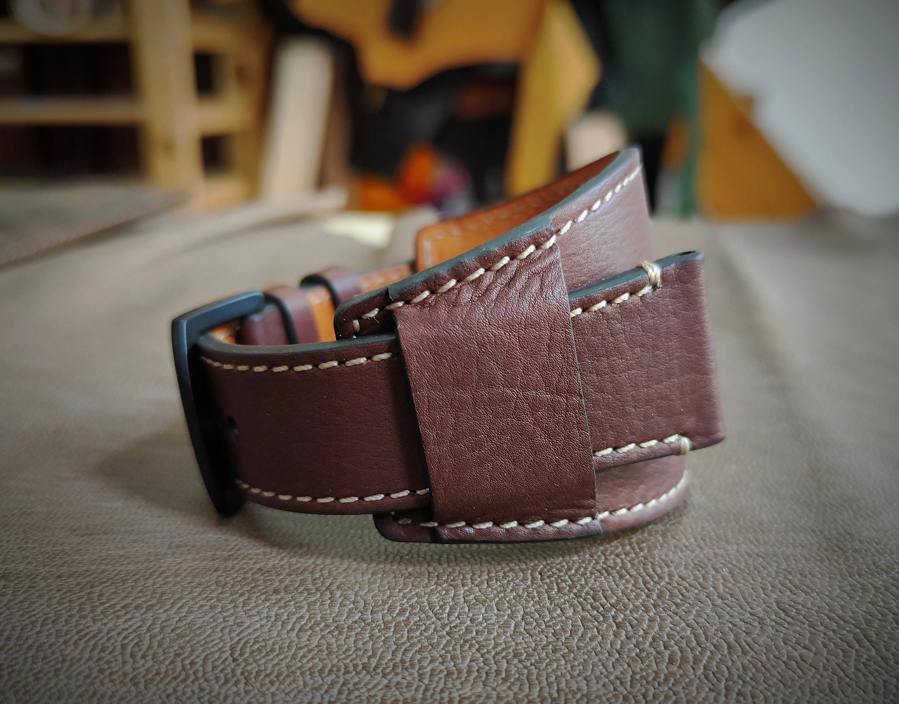 Brown Leather Cuff Watch Strap White Stitching - Cuff Classic