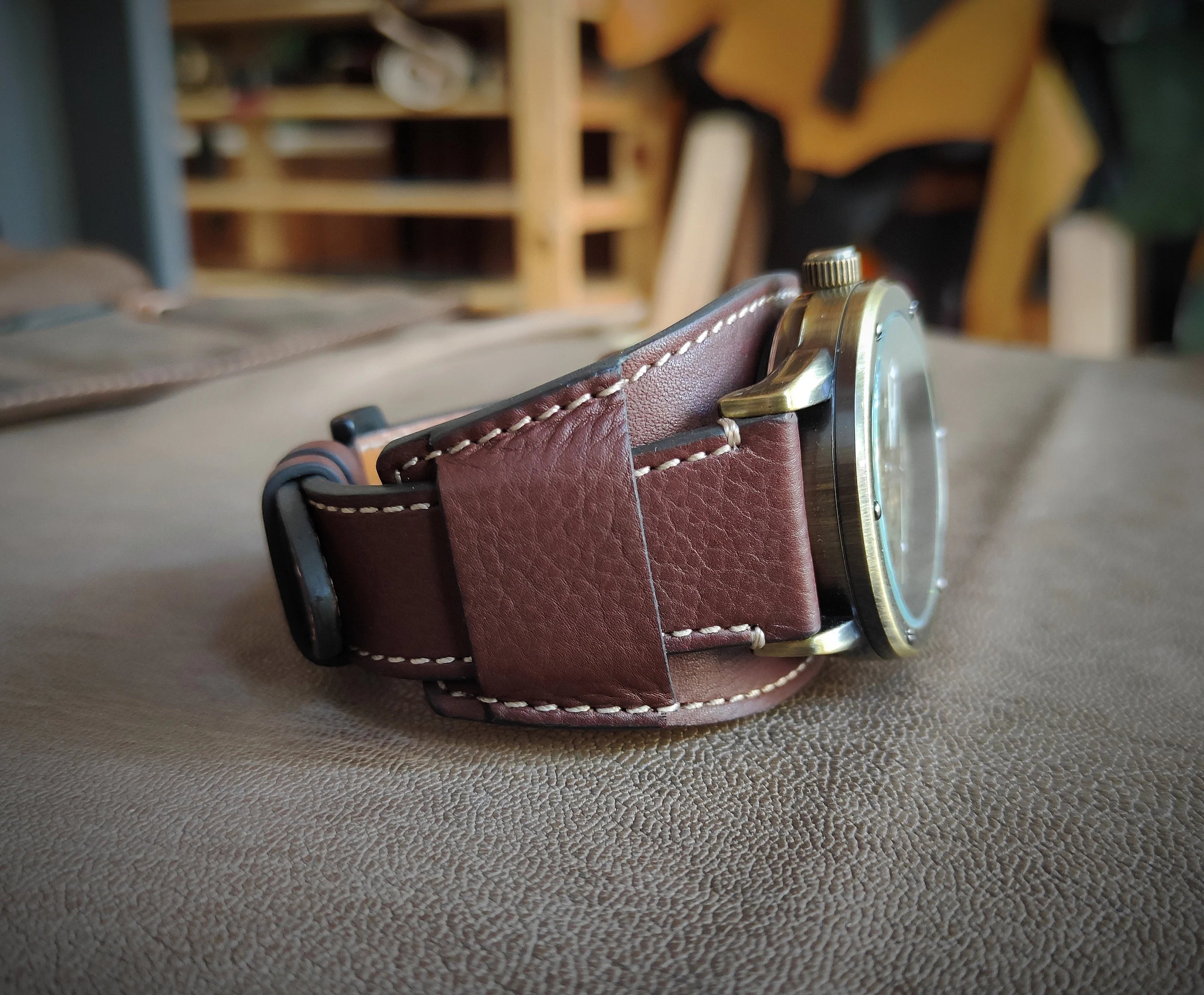 Brown Leather Cuff Watch Strap White Stitching - Cuff Classic