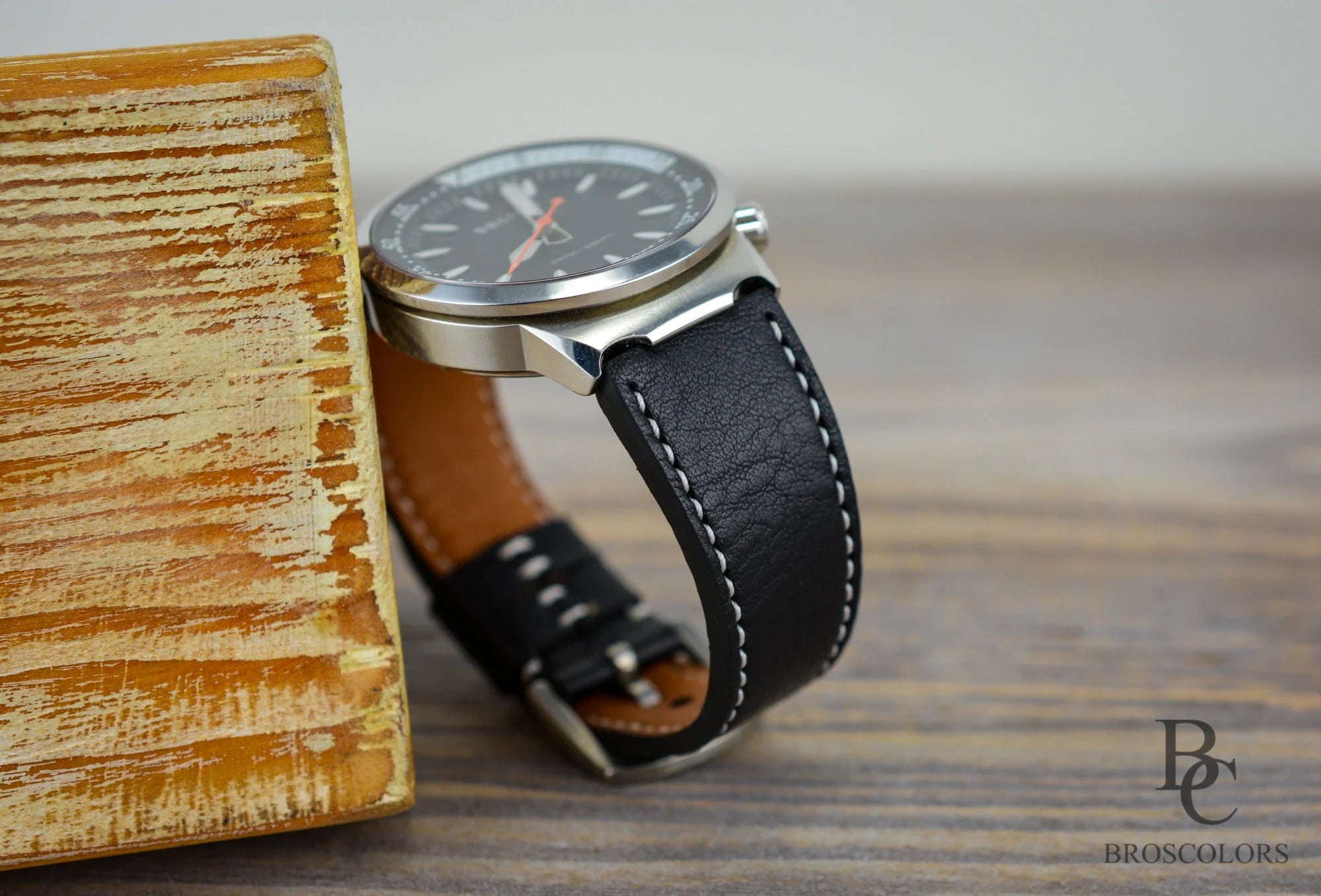 Classic Black Leather White Stitching Watch Strap - The General