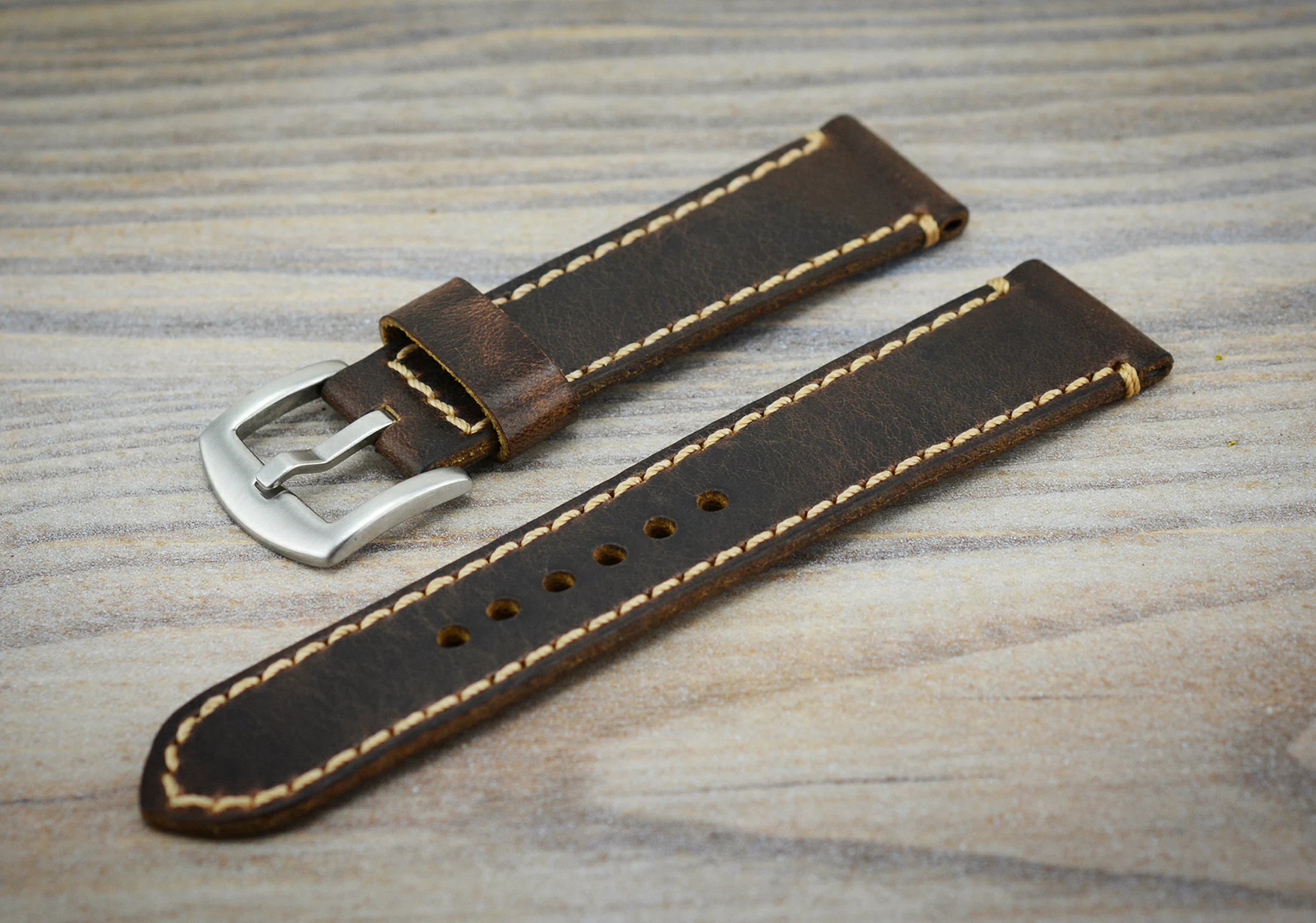 Crazy Horse Leather Watch Strap - Dark Brown White Stitching - Big and Vintage
