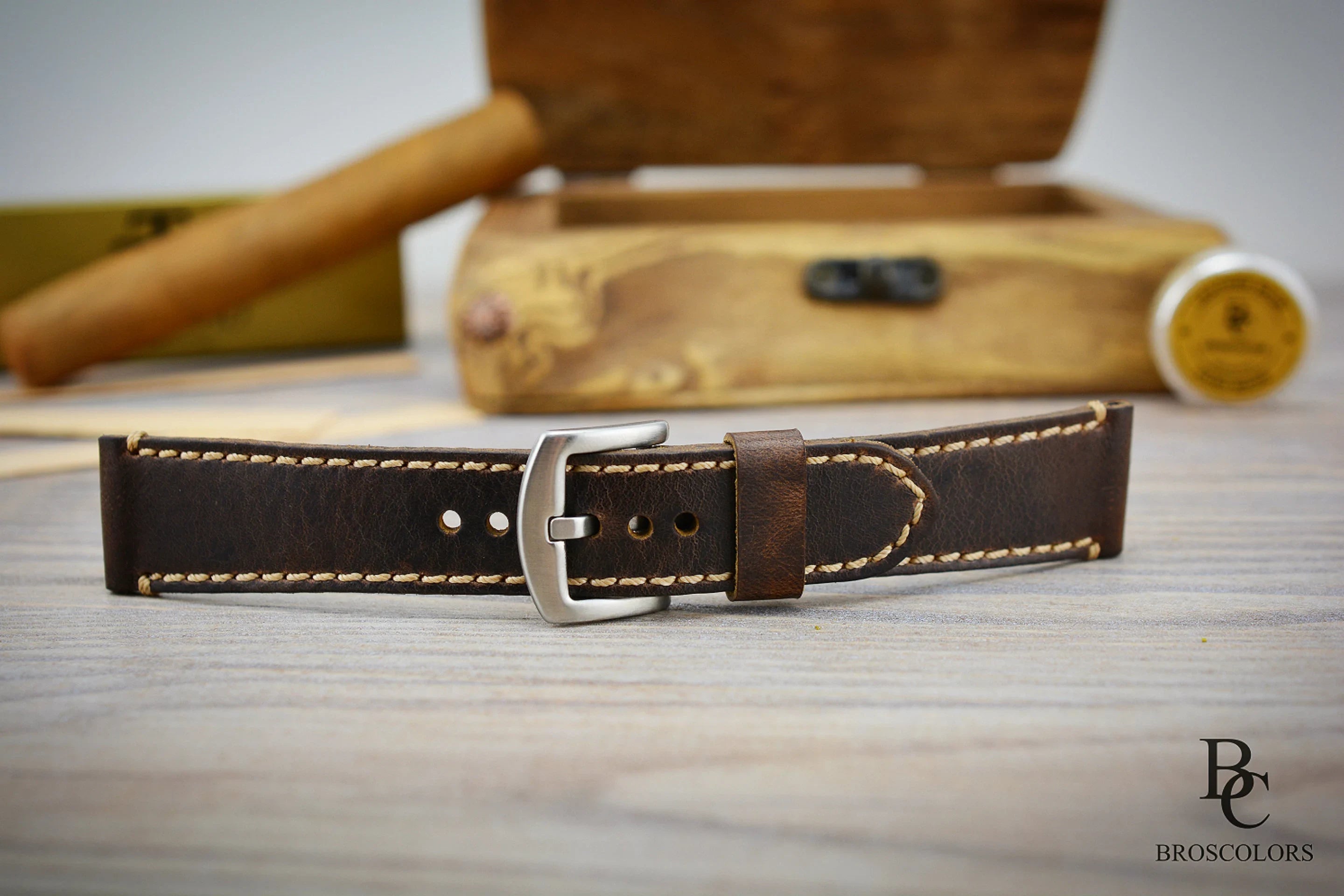 Crazy Horse Leather Watch Strap - Dark Brown White Stitching - Big and Vintage