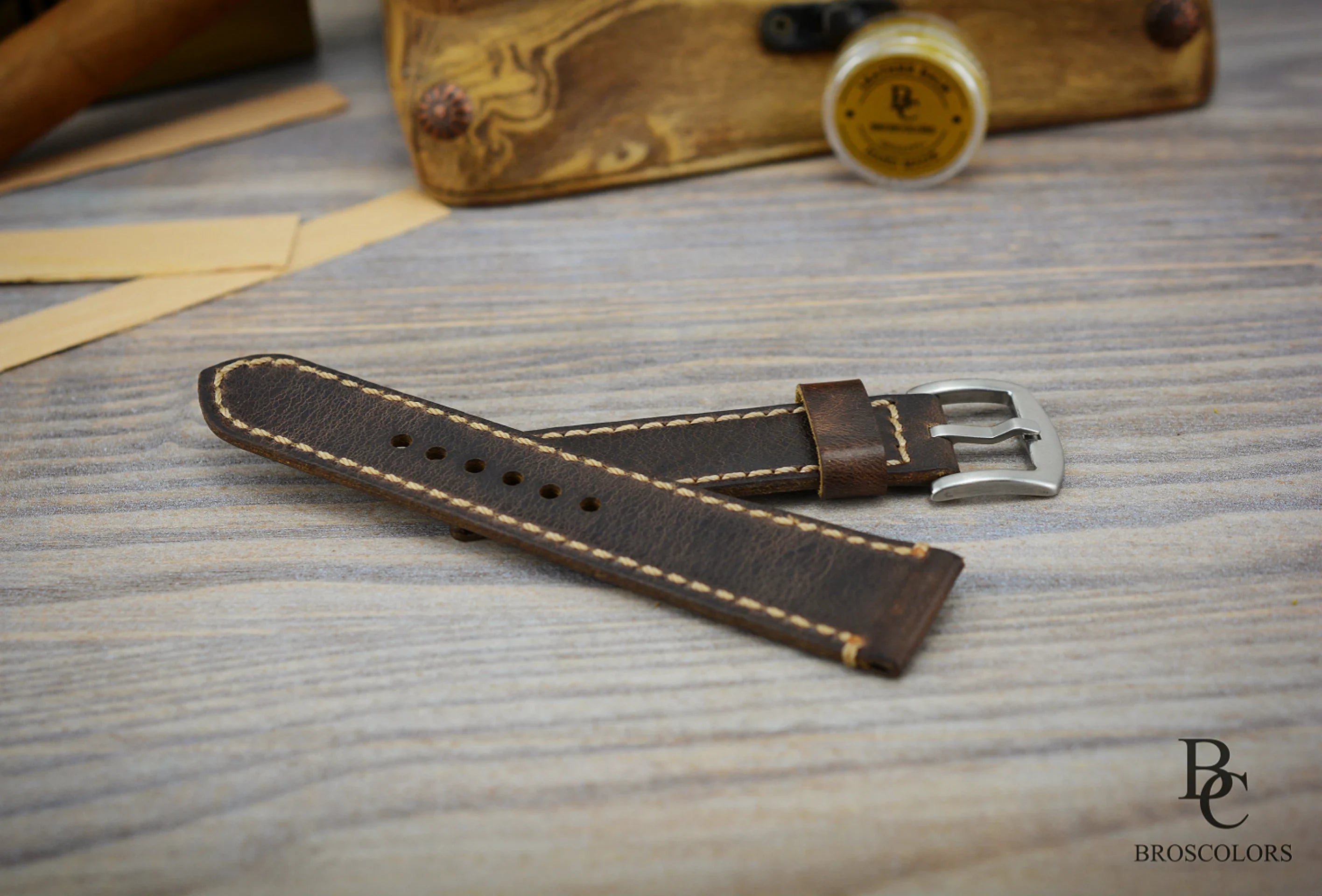 Crazy Horse Leather Watch Strap - Dark Brown White Stitching - Big and Vintage