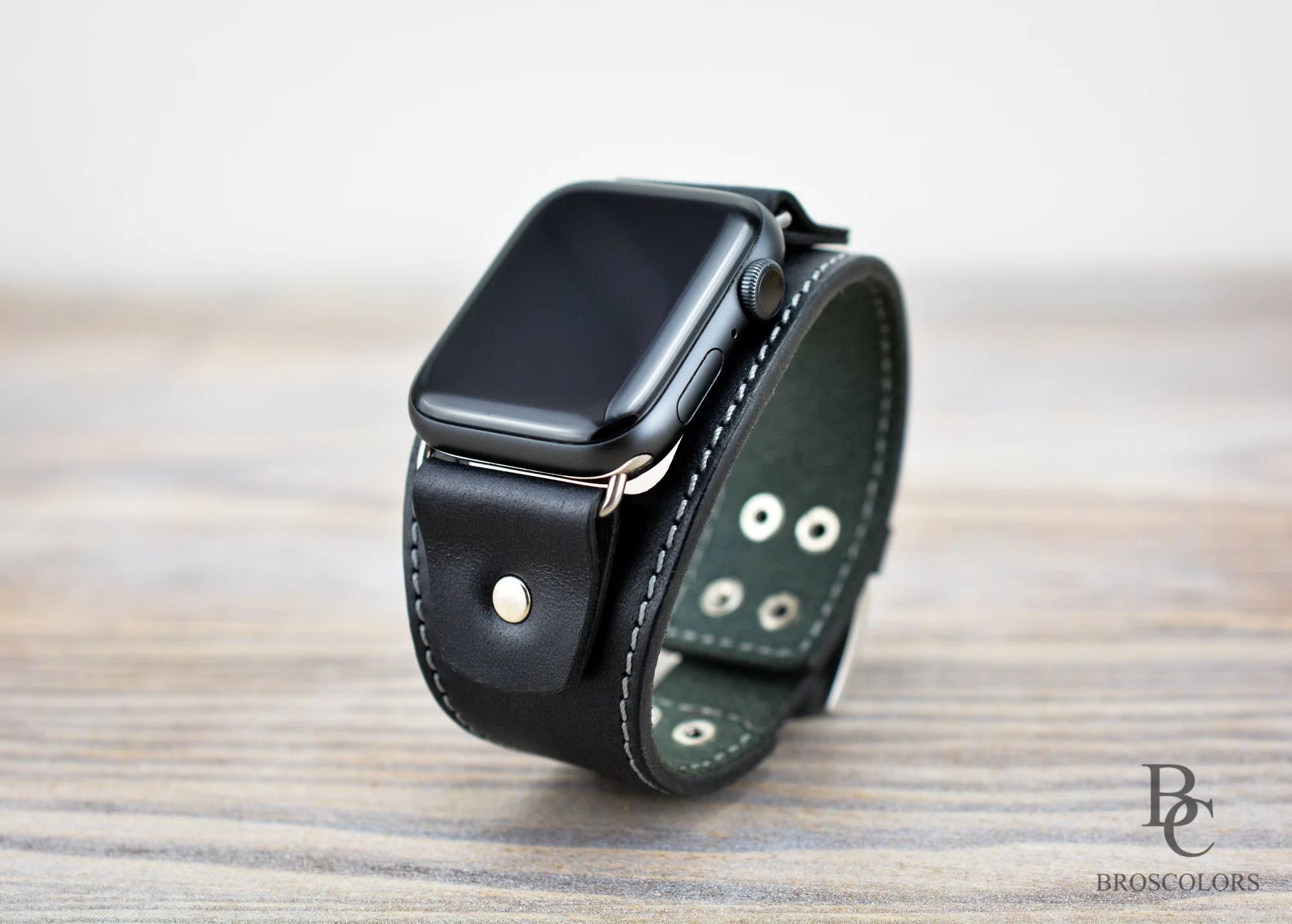 Cuff Apple Watch Band White Stitching - Black Leather