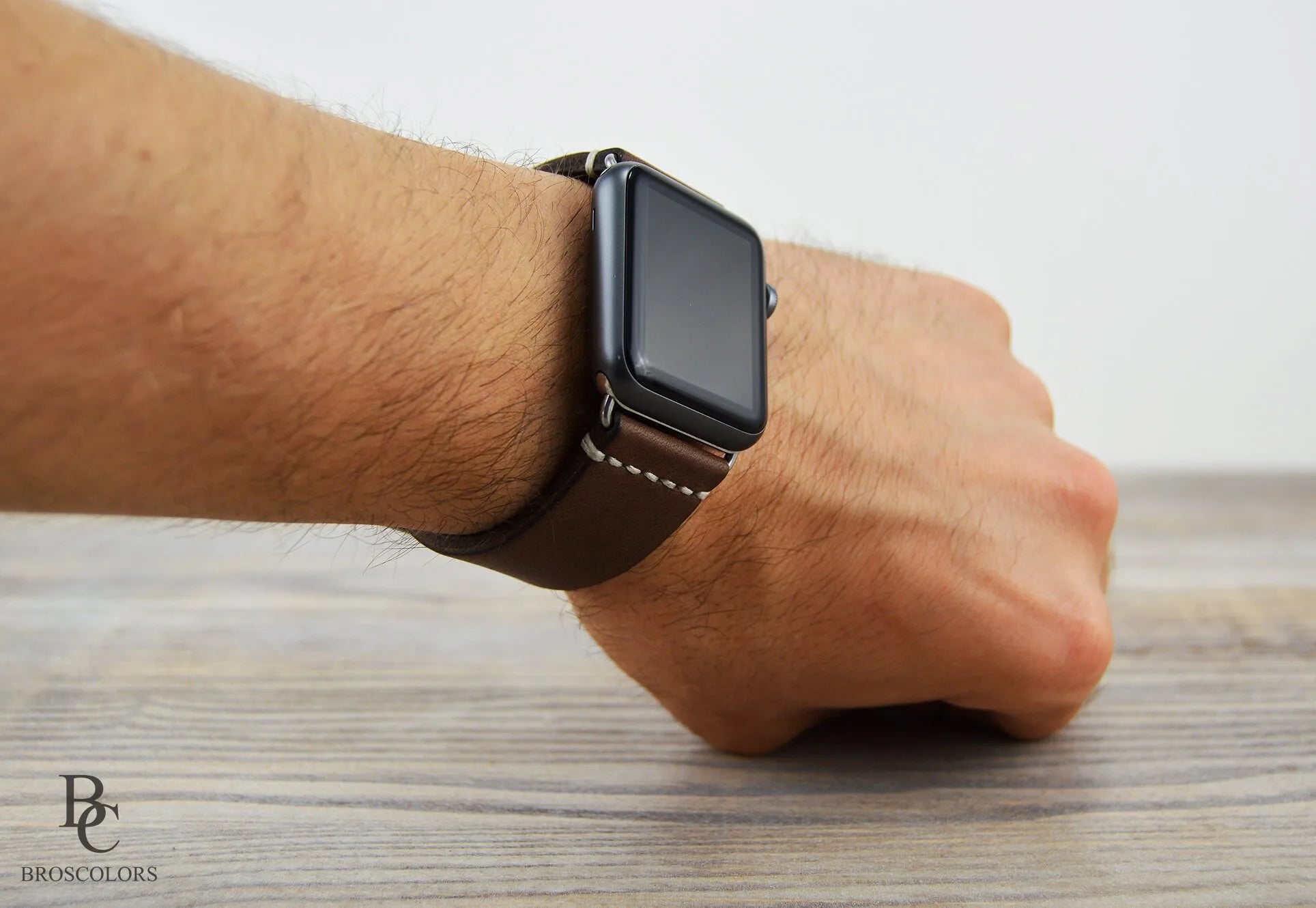 Dark Brown Leather White Stitching Apple Watch Band - For Winter