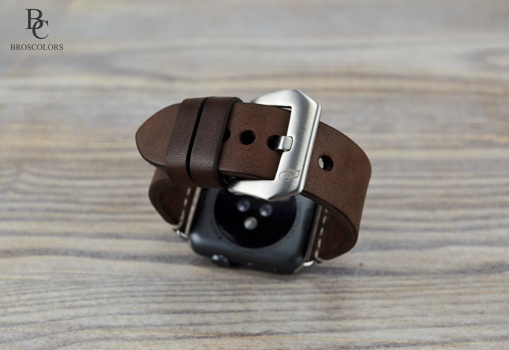Dark Brown Leather White Stitching Apple Watch Band - For Winter