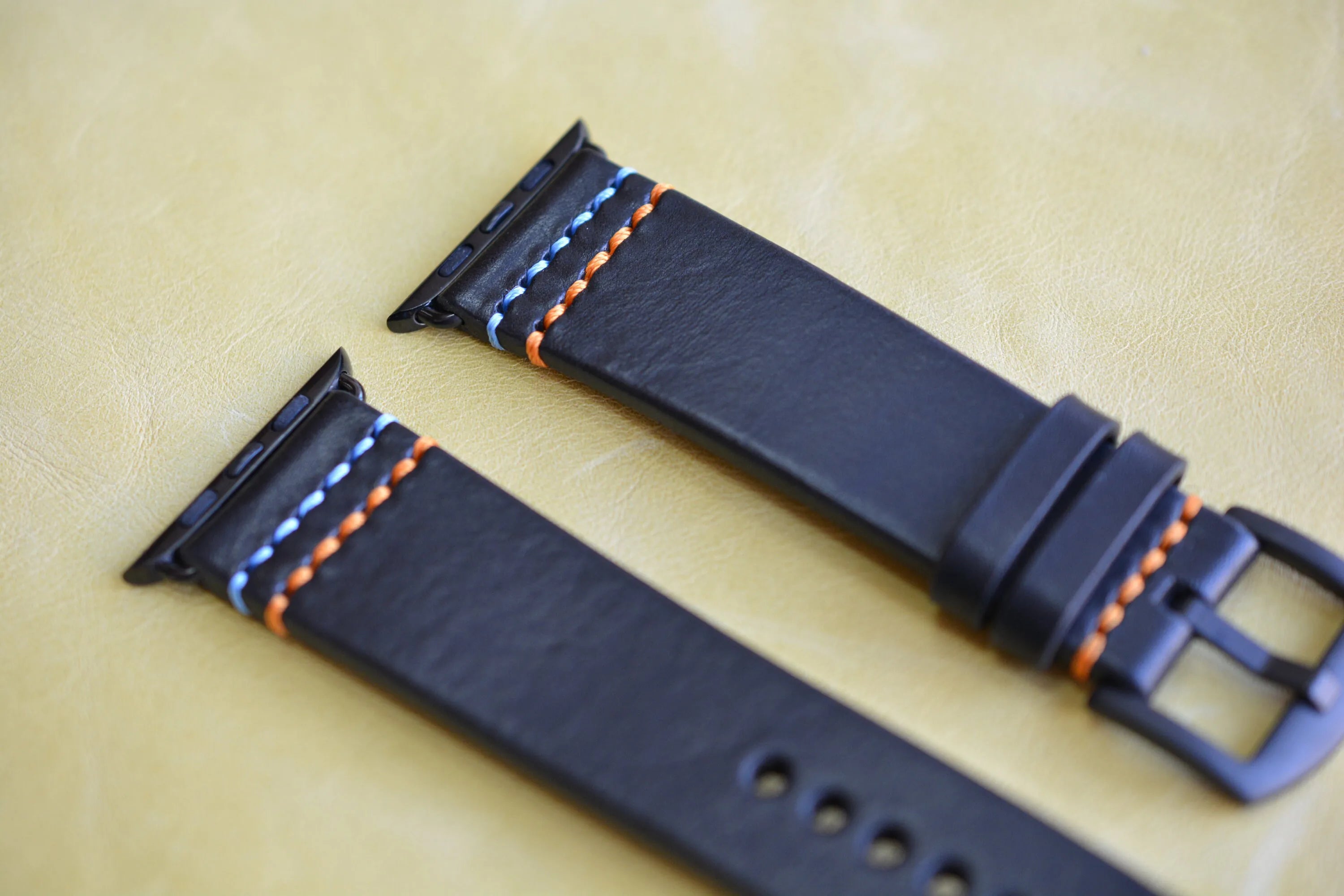 Dark Leather Apple Watch Strap with 2 Customizable Stitching Colors - Double Fun
