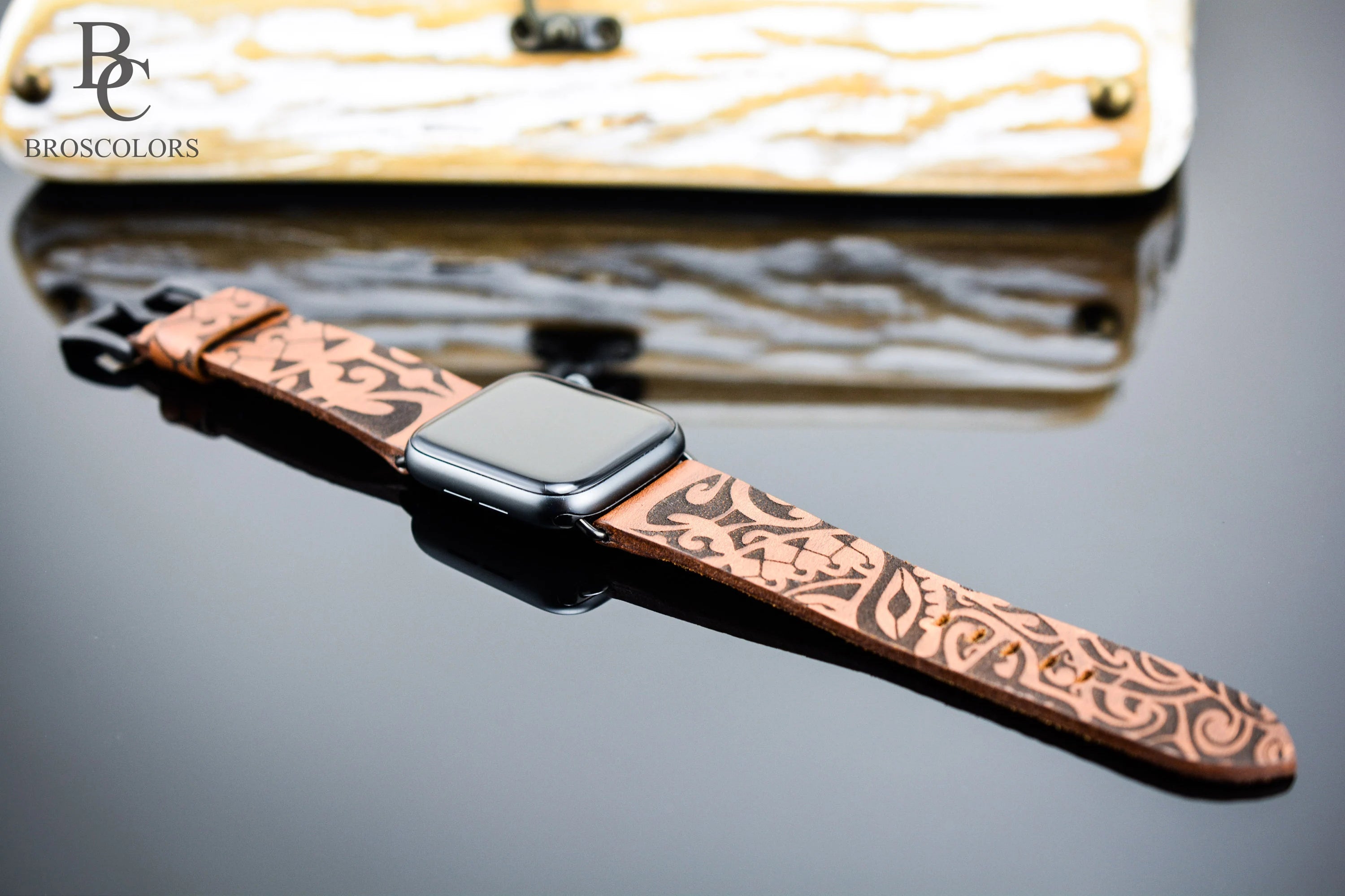 Engraved Apple Watch Band Brown Leather - Tribal People