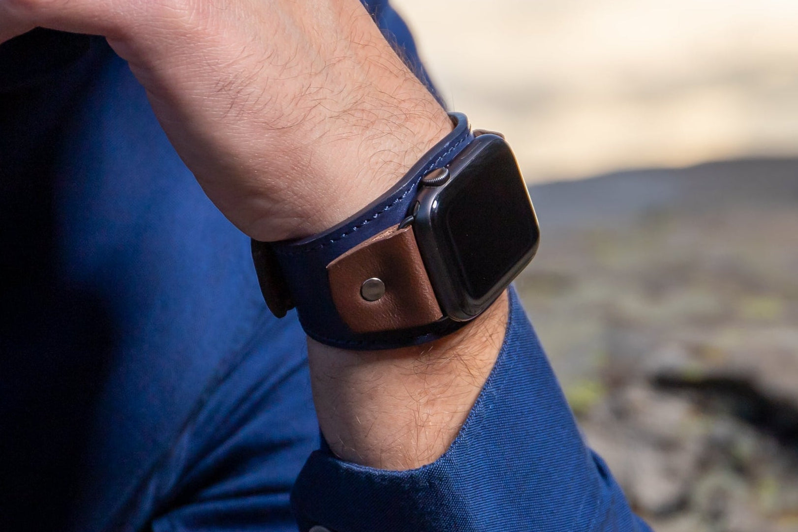Blue&Brown Leather Apple Cuff Watch Band