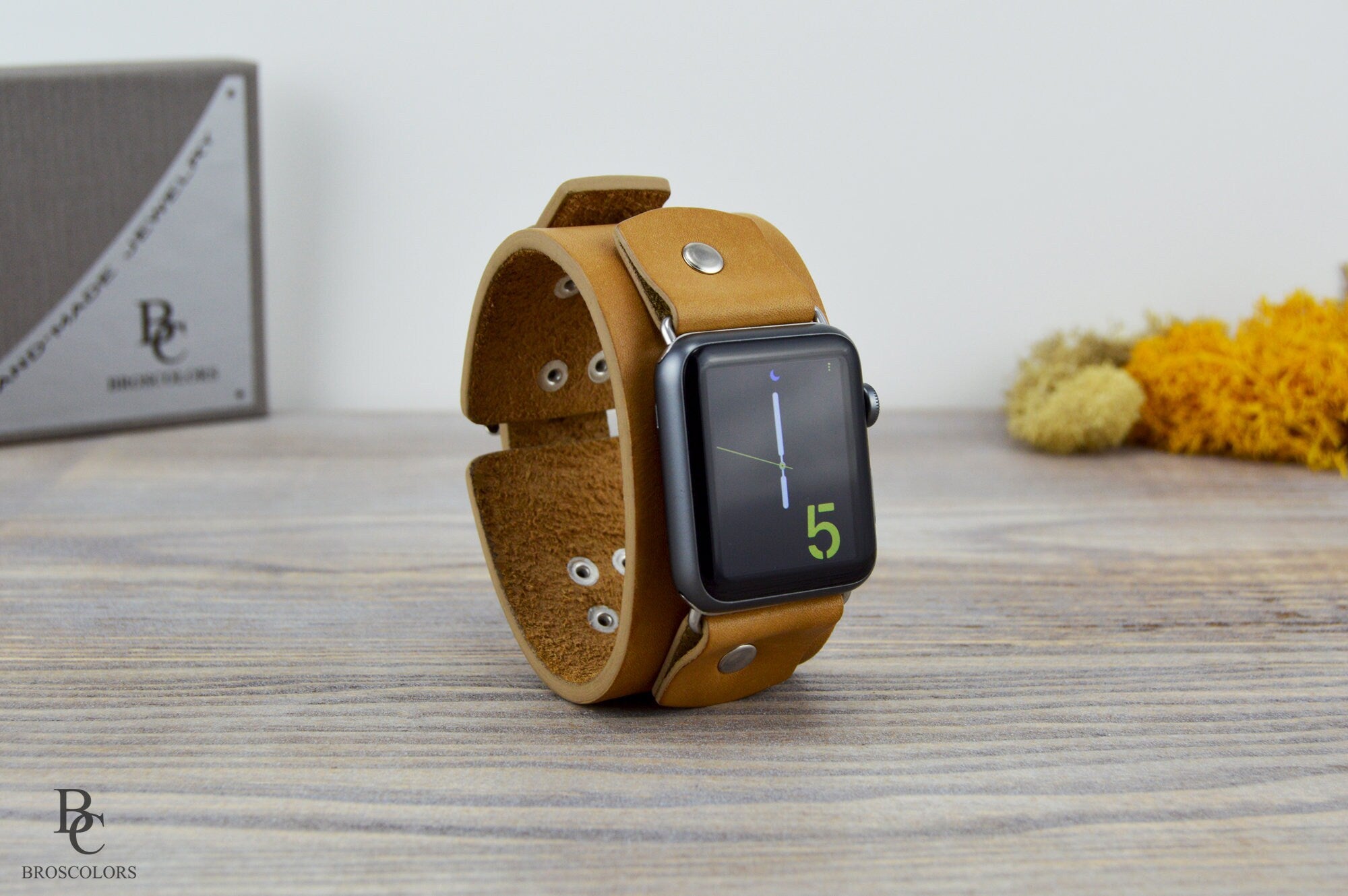 Light Brown Leather Apple Cuff Watch Band - Light and Comfy