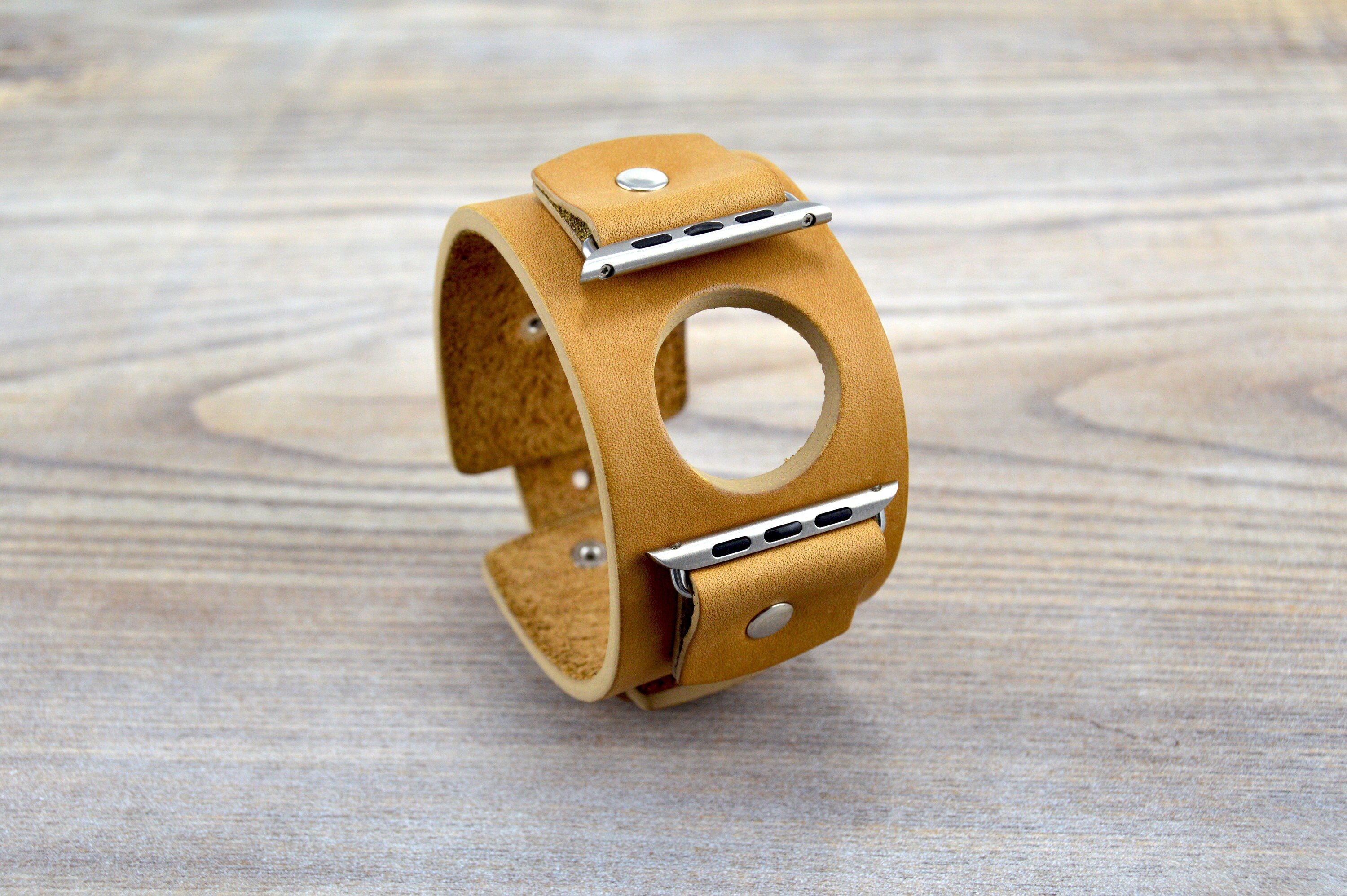 Light Brown Leather Apple Cuff Watch Band - Light and Comfy