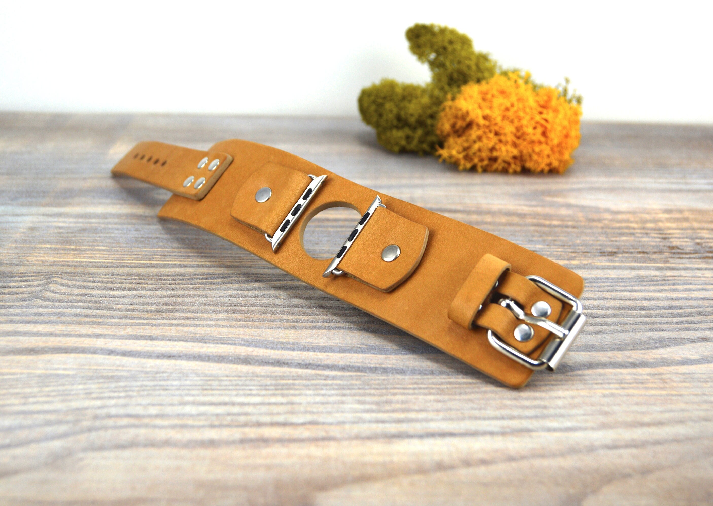 Light Brown Leather Apple Cuff Watch Band - Light and Comfy