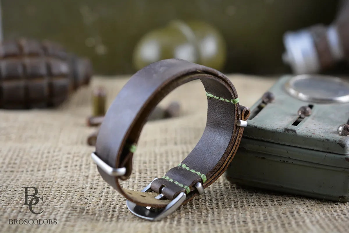 Military Brown Zulu Watch Band Green Stitching