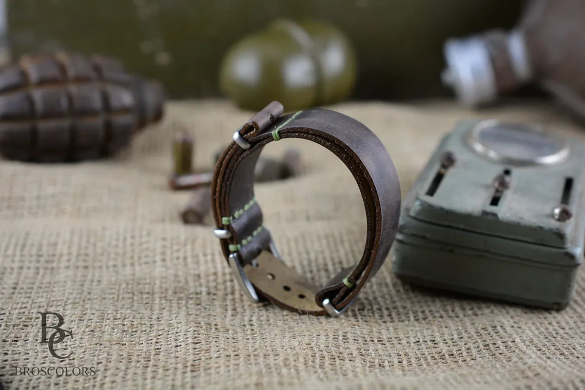 Military Brown Zulu Watch Band Green Stitching