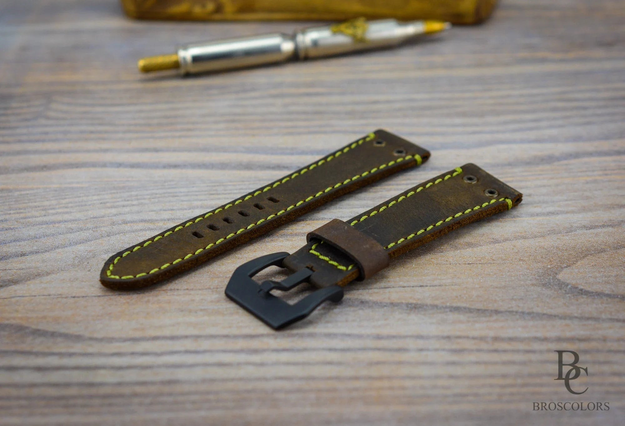 Vintage Leather Watch Strap with Bright Green Stitching - Electro Chrono