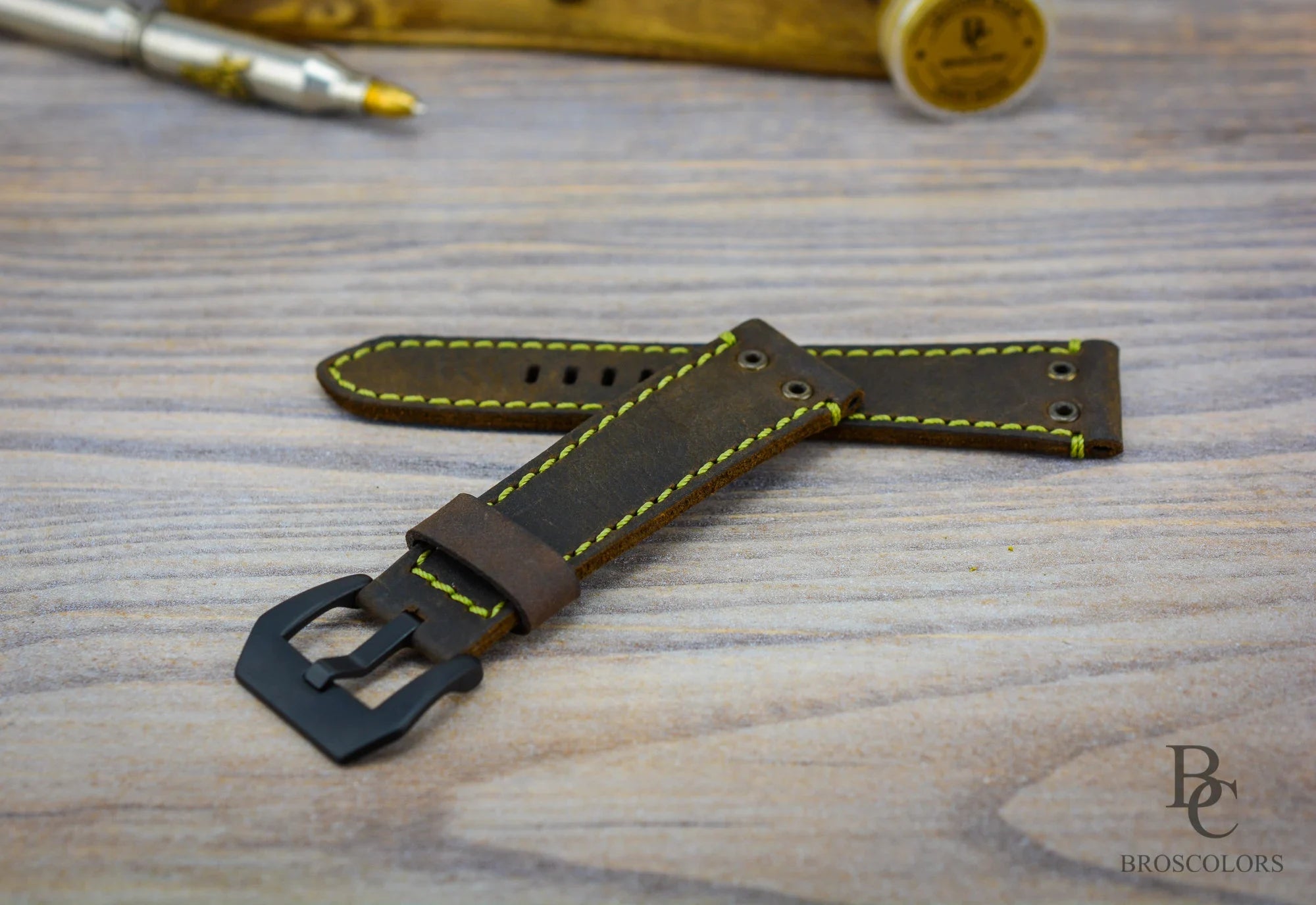 Vintage Leather Watch Strap with Bright Green Stitching - Electro Chrono