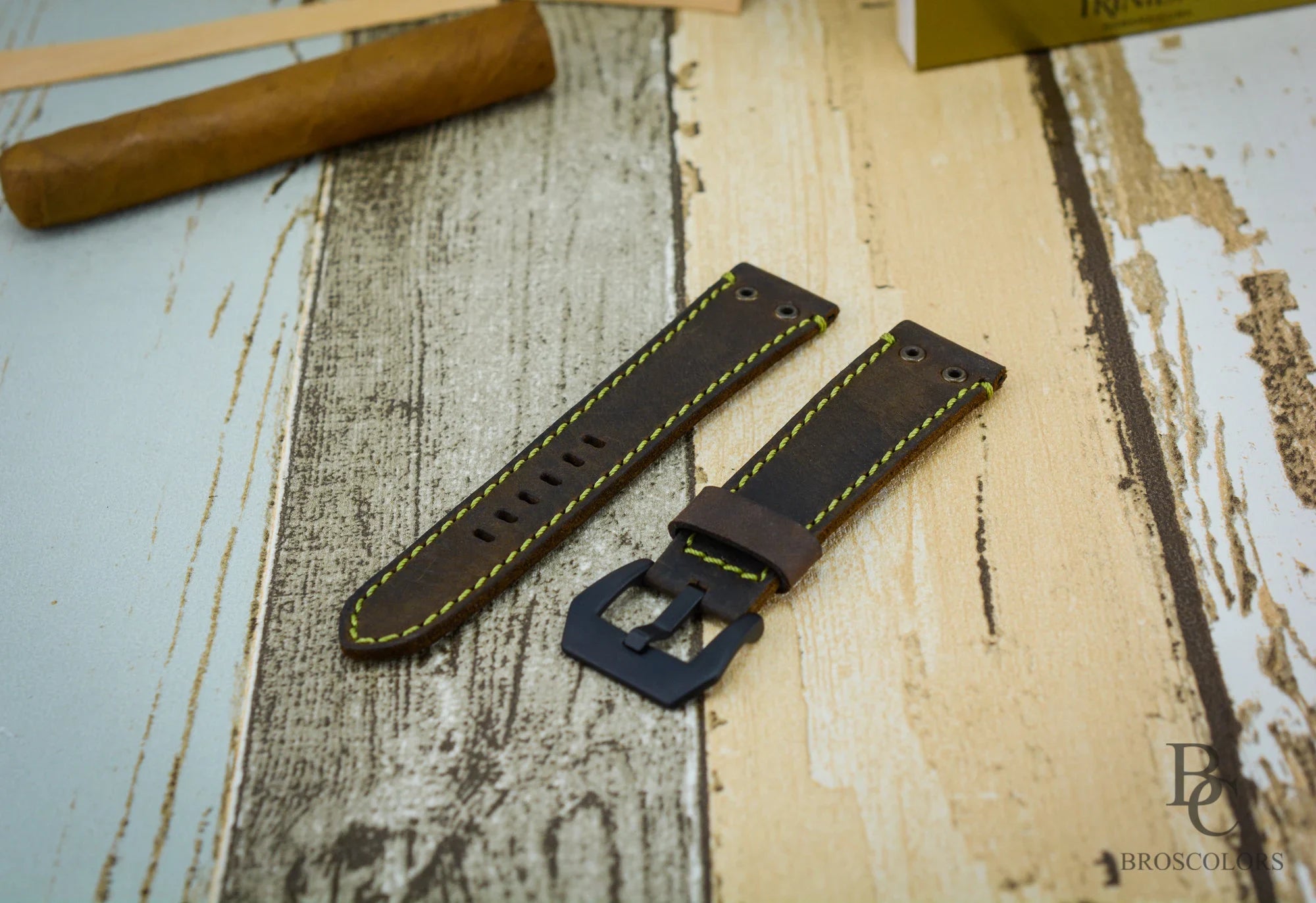 Vintage Leather Watch Strap with Bright Green Stitching - Electro Chrono