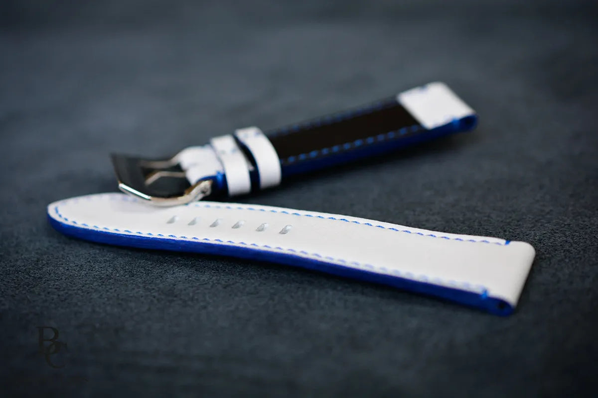 White Leather Watch Strap with Blue Stitching - Sailor Dream