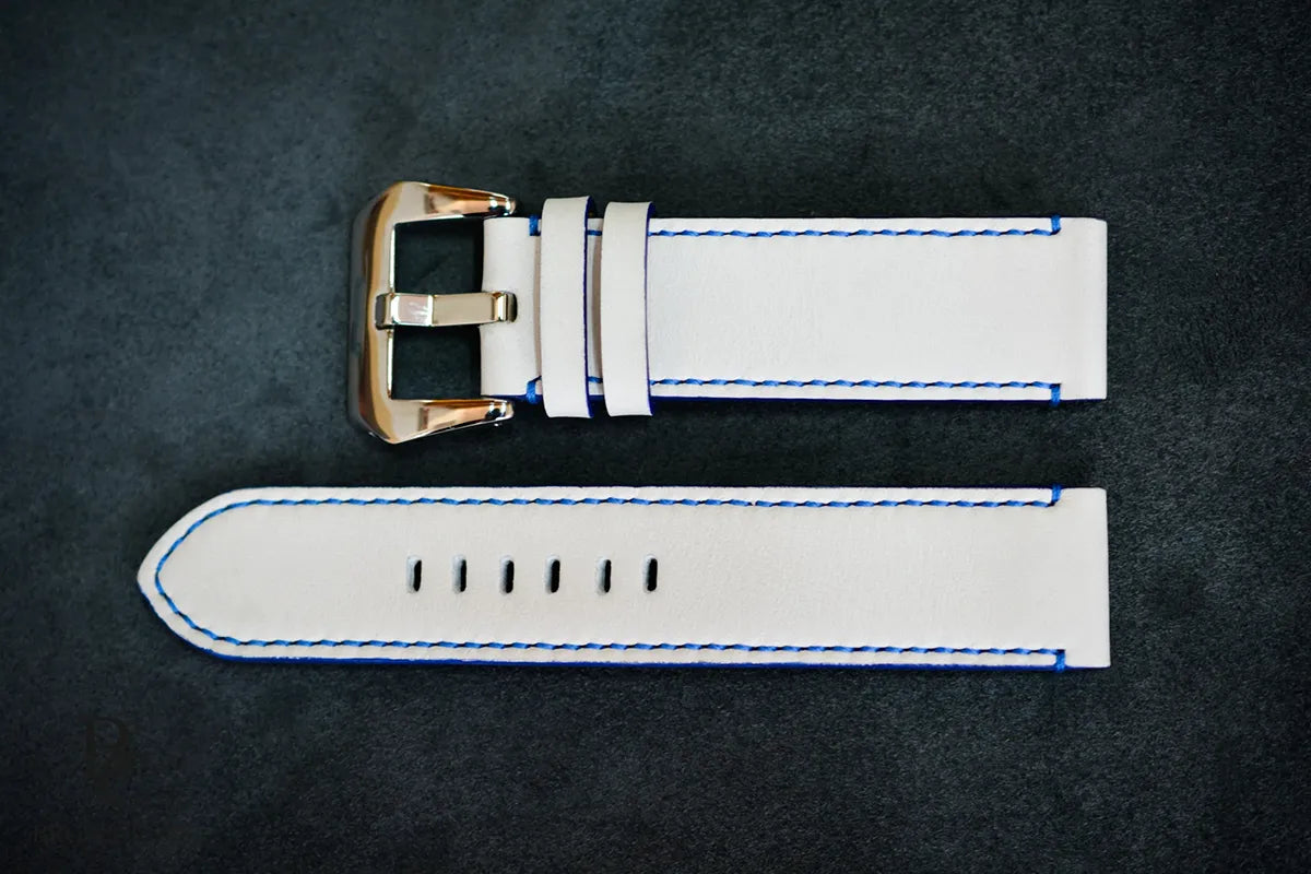 White Leather Watch Strap with Blue Stitching - Sailor Dream