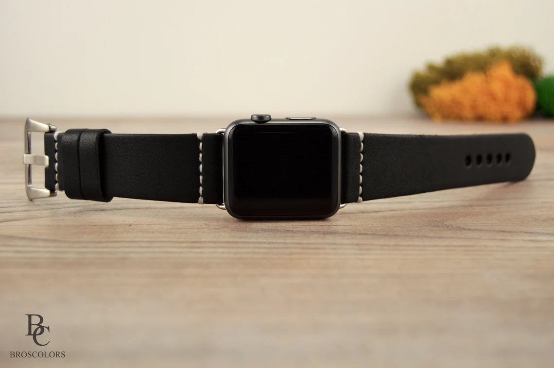 Black Leather Apple Watch Strap White Stitching - All Series