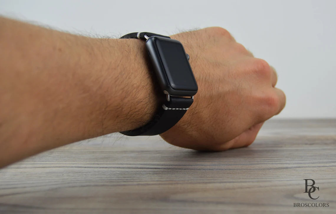 Black Leather Apple Watch Strap White Stitching - All Series