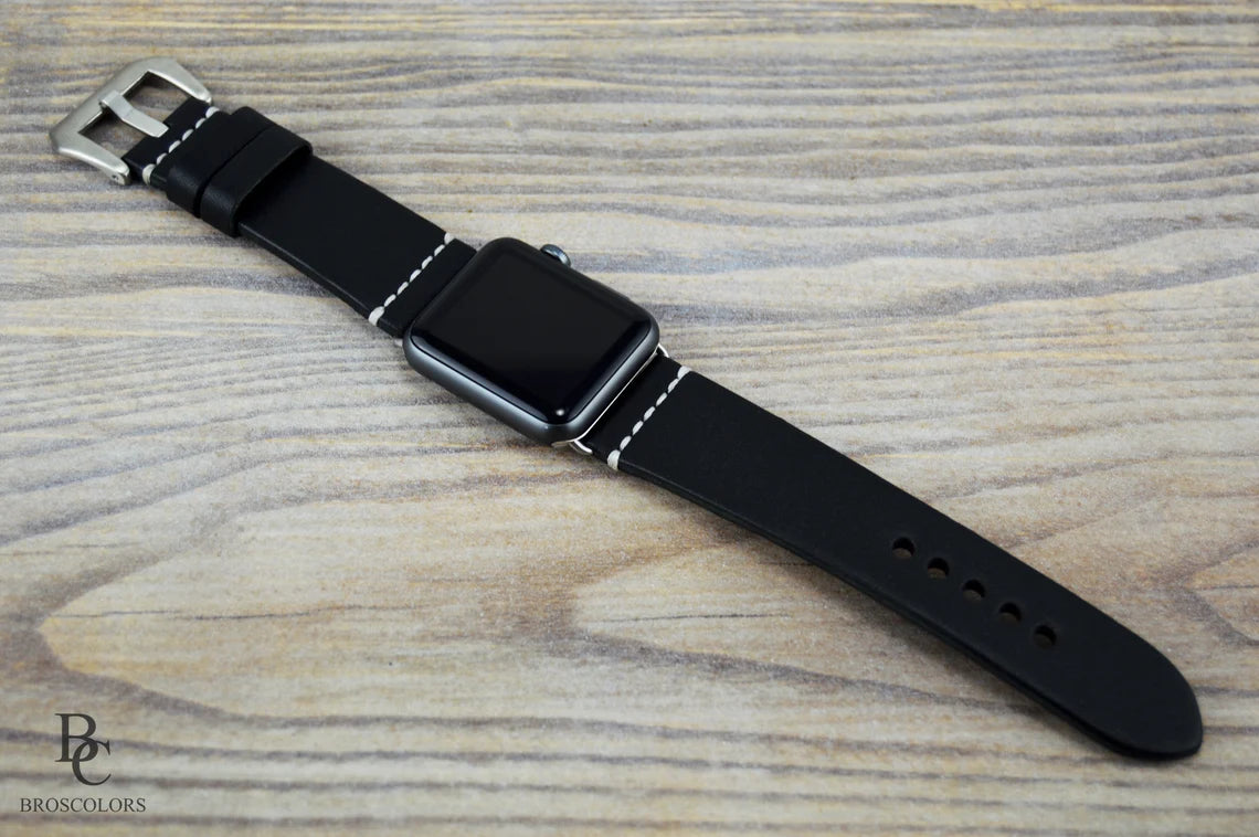 Black Leather Apple Watch Strap White Stitching - All Series