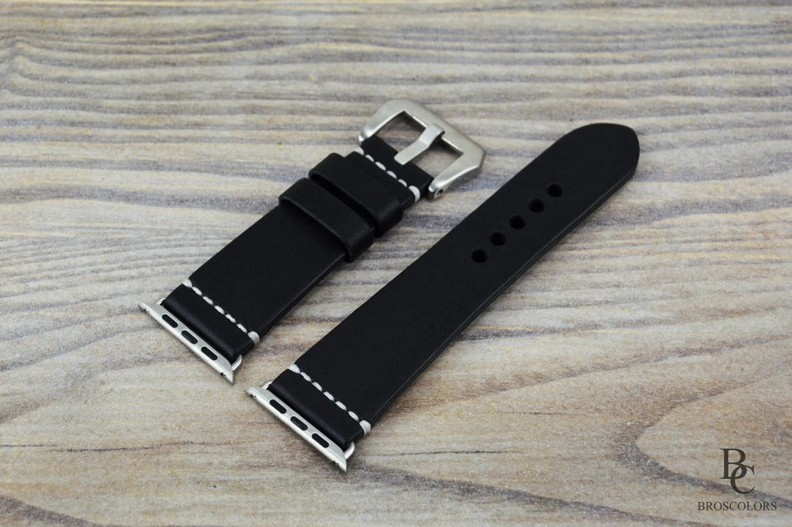 Black Leather Apple Watch Strap White Stitching - All Series