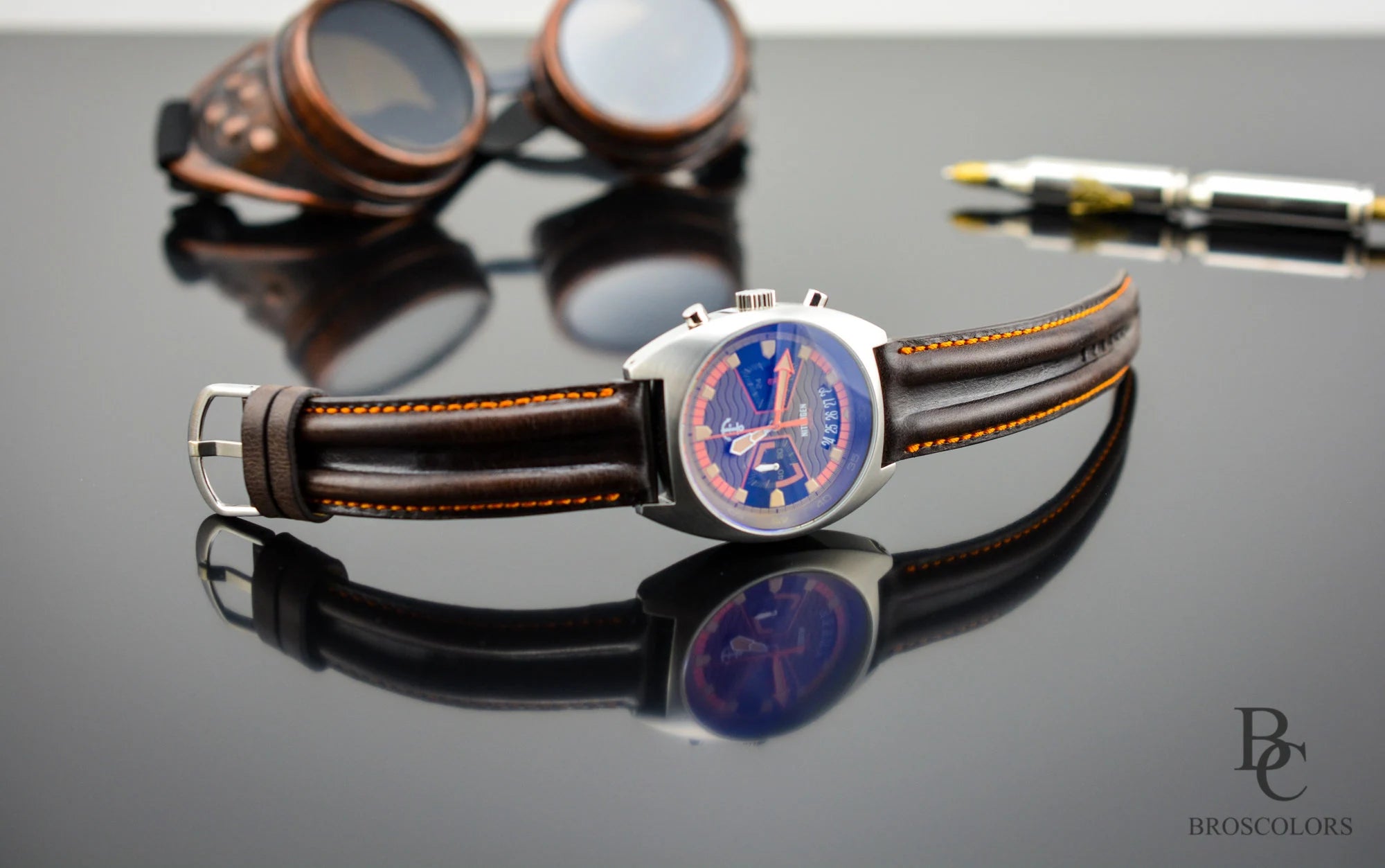 Brown Leather Pilot Watch Strap Orange Stitching - Pilot Race