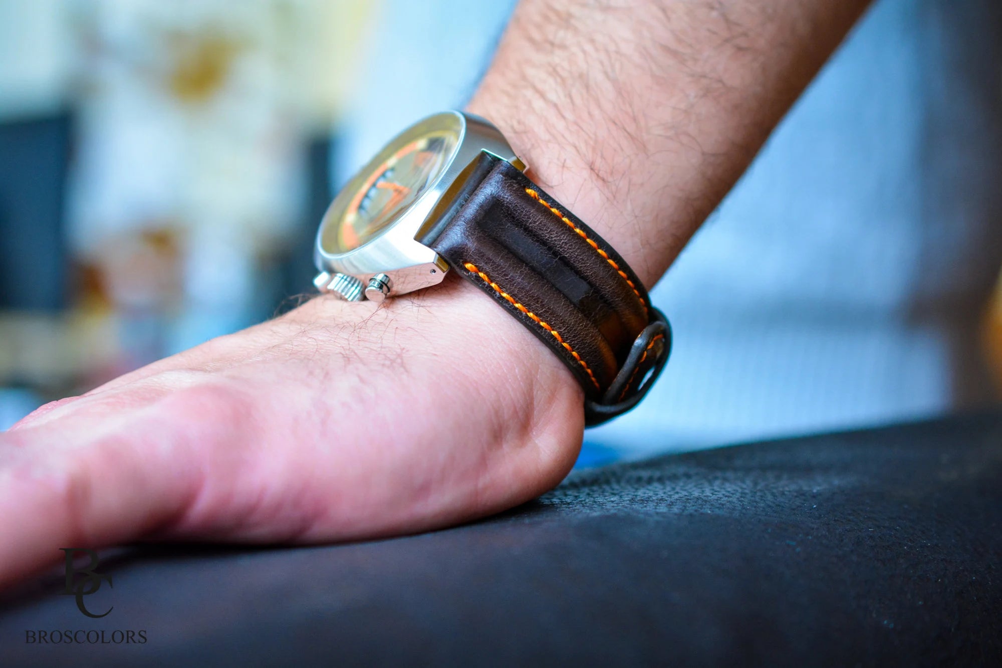 Brown Leather Pilot Watch Strap Orange Stitching - Pilot Race