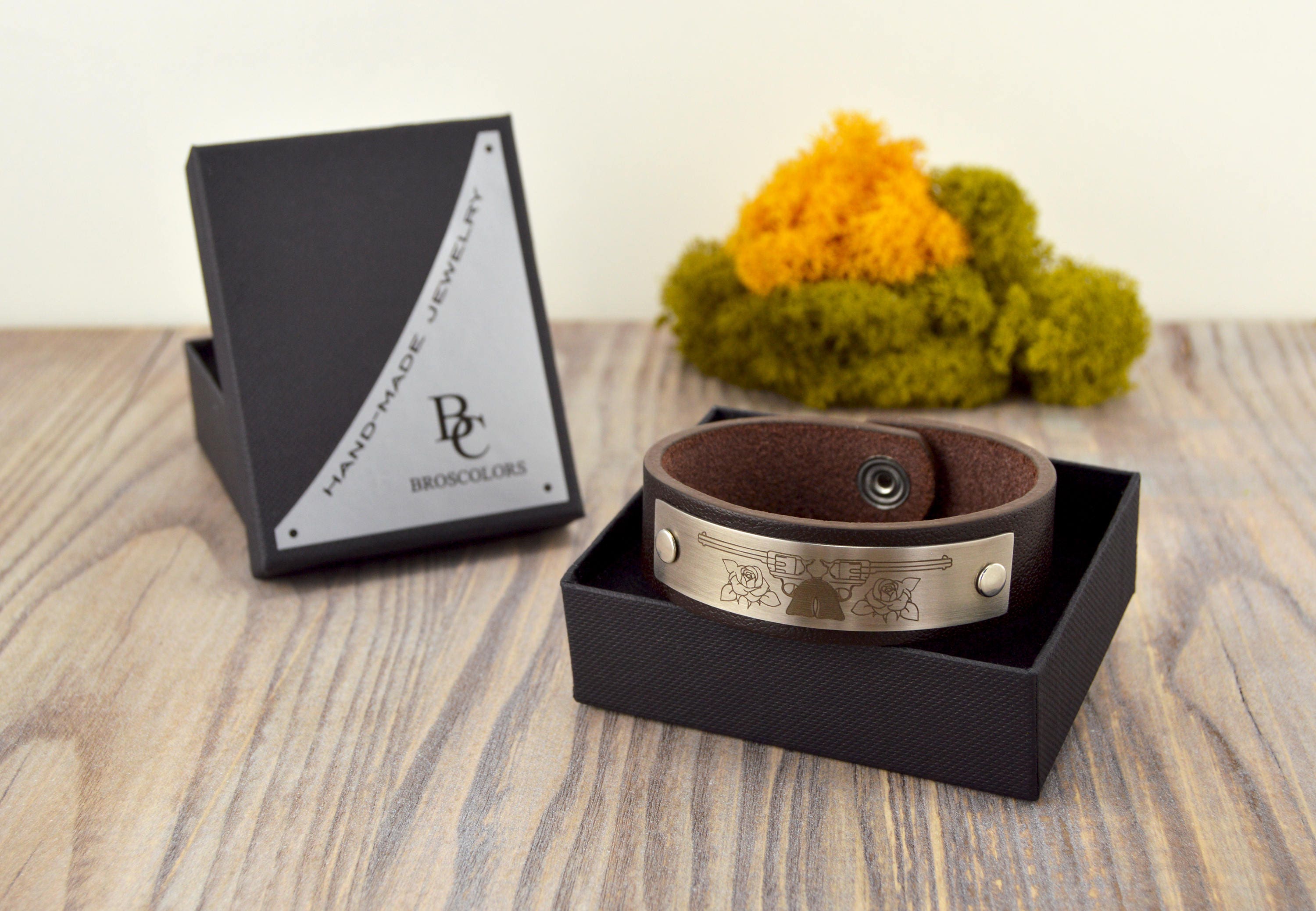 Guns n Roses Leather Bracelet - Personalized leather brown cuff bracelet