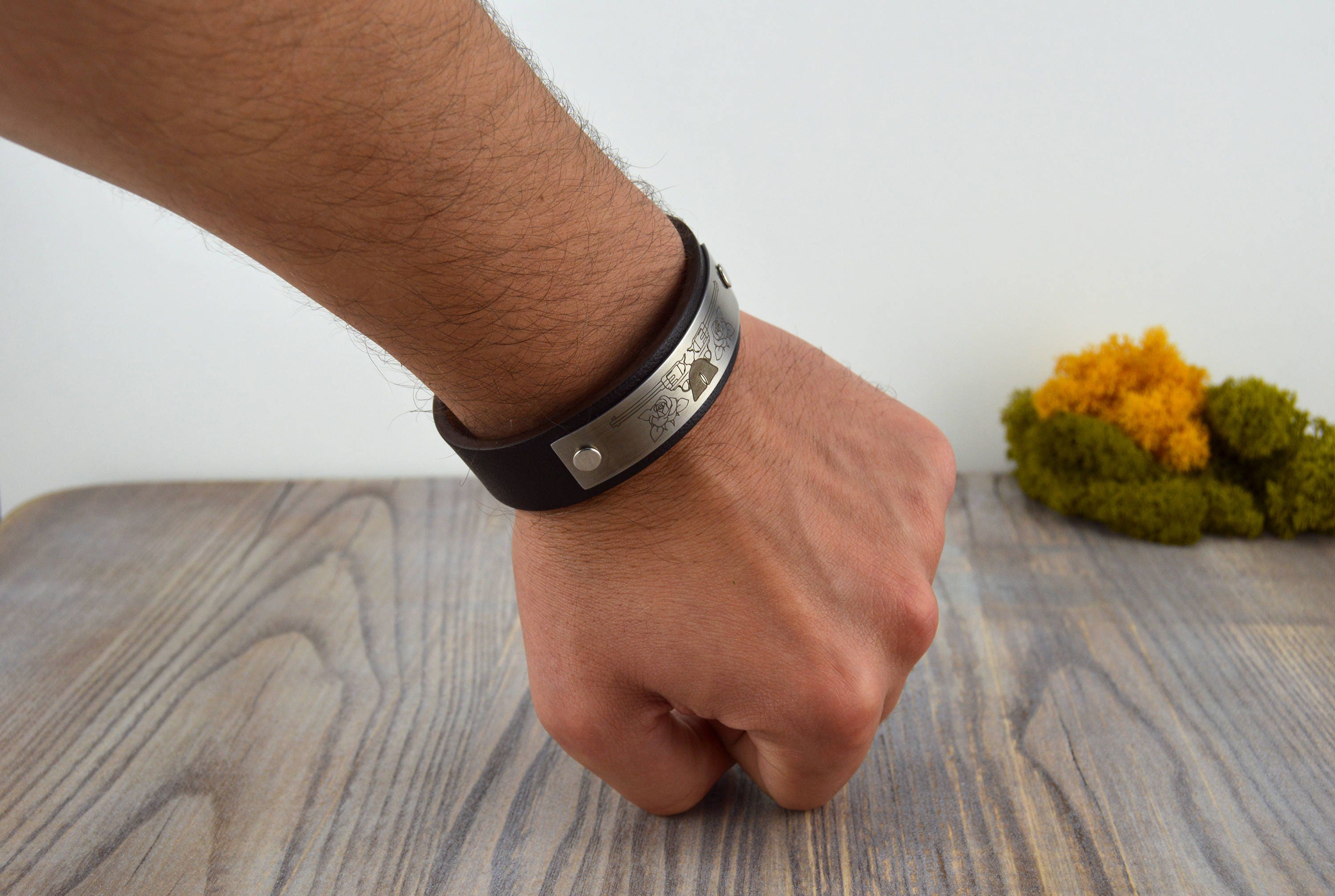 Guns n Roses Leather Bracelet - Personalized leather brown cuff bracelet