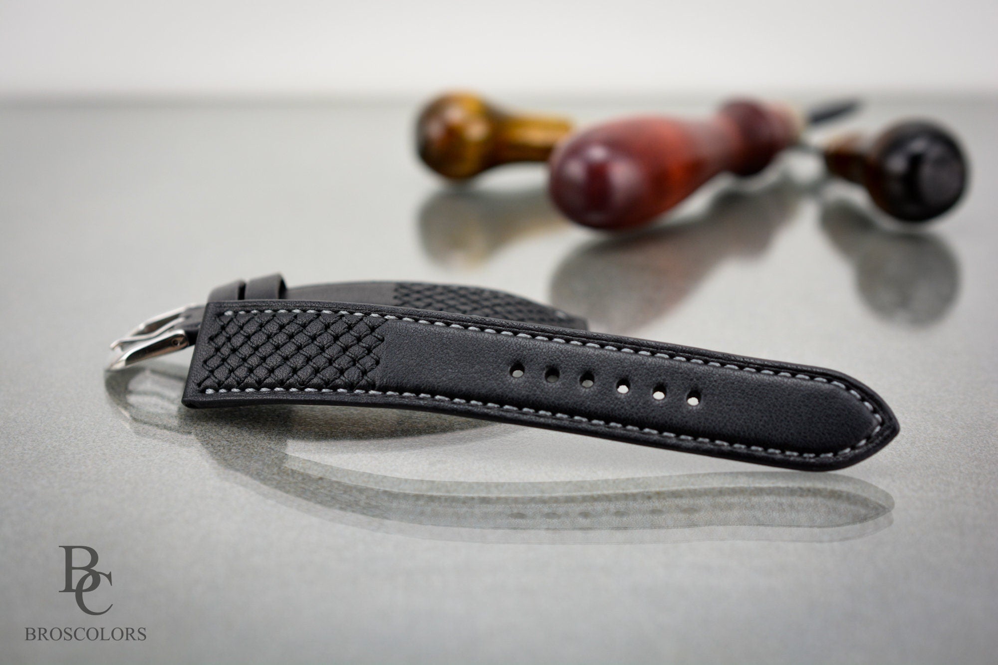 Black Leather Cross Stitched Watch Strap - Armored Soldier