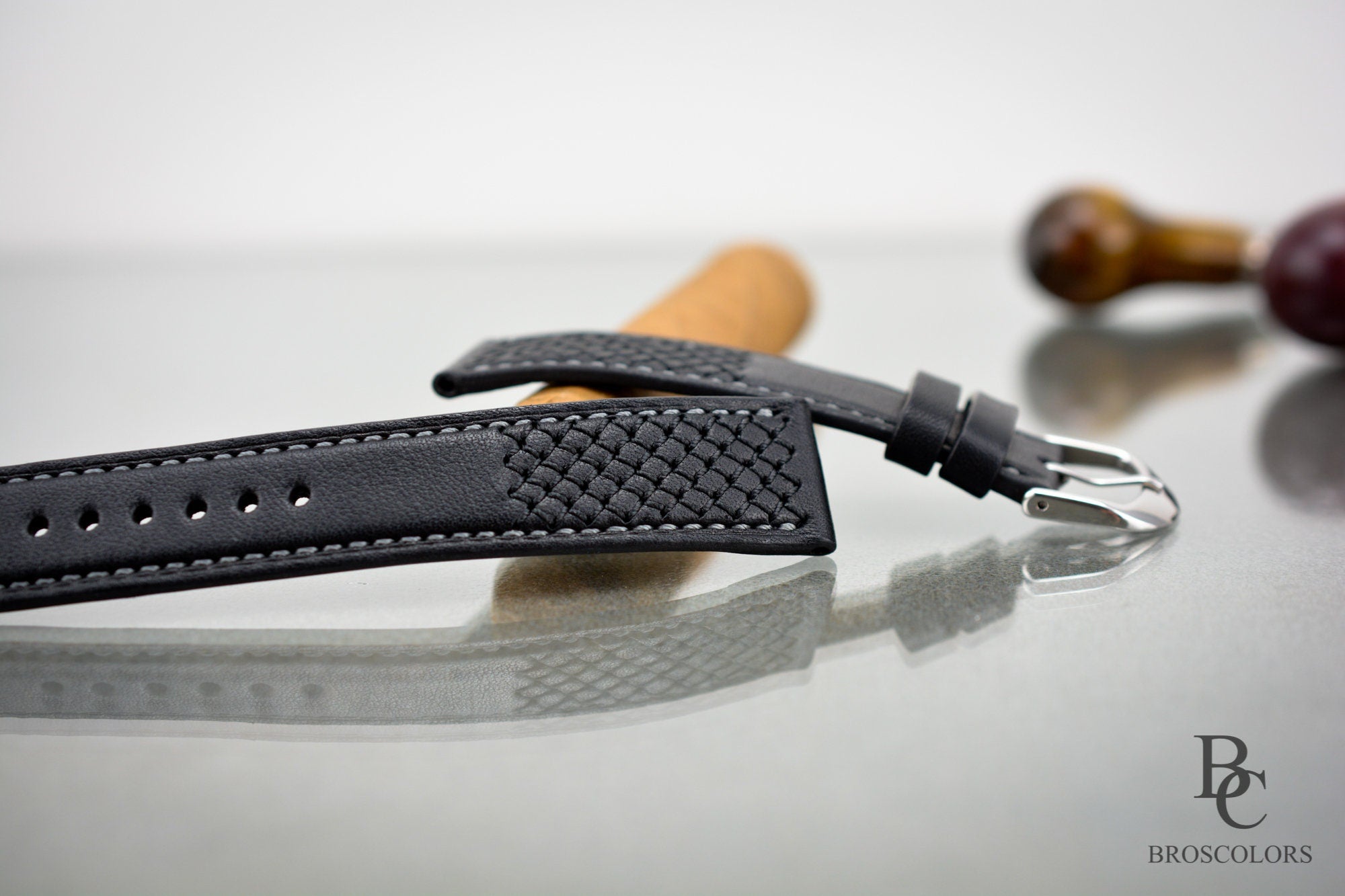 Black Leather Cross Stitched Watch Strap - Armored Soldier